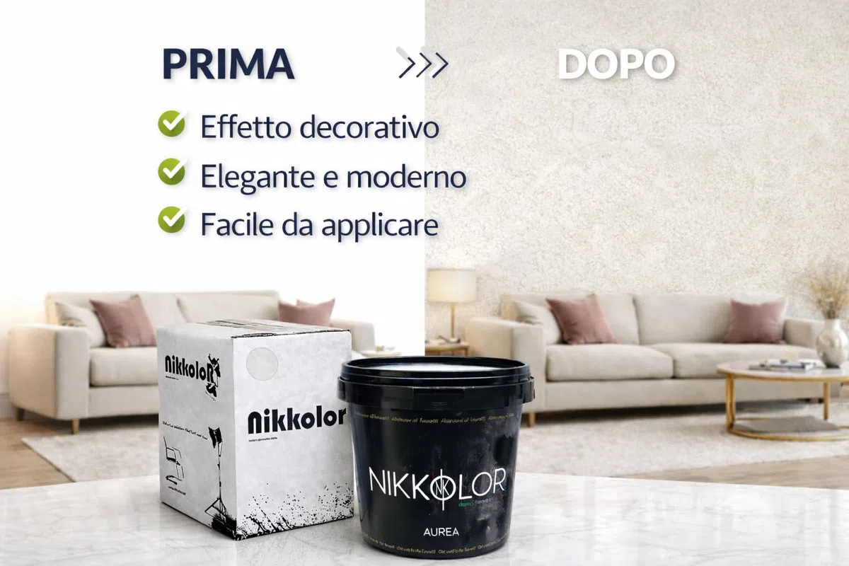 Nikkolor Aurea - Pittura Antimuffa Effetto Sabbiato - 1 L - Bianco Opaco | Si applica su pareti già tinteggiate senza primer, pronta all'uso con resa di 10-12 m²