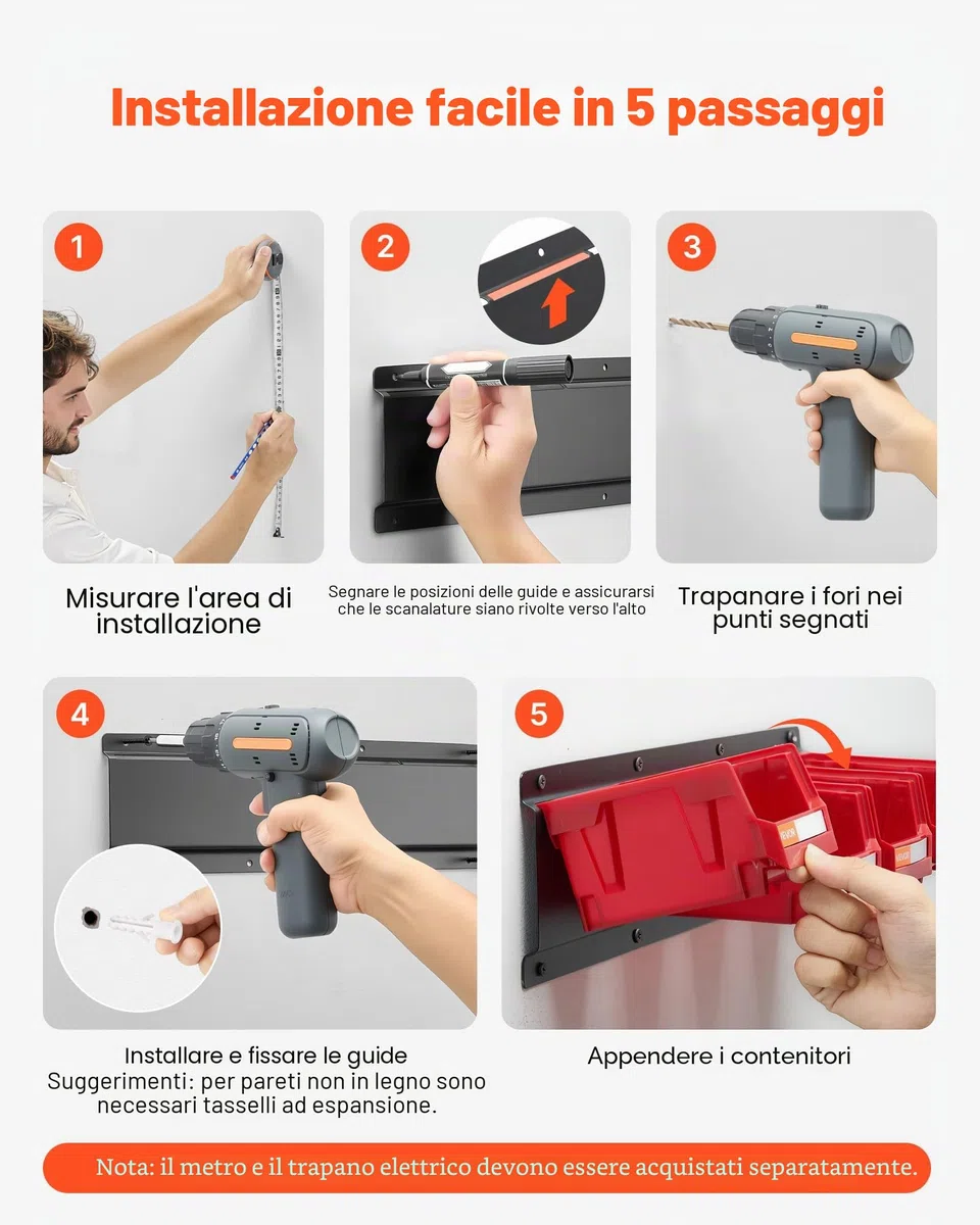 VEVOR Contenitori Portaoggetti da Parete, 12 Contenitori in Plastica e 3 Guide in Metallo, Scatola Portaoggetti Impilabile Sospeso per Ferramenta per Officina, Stanza dei Lavori Manuali, Rosso