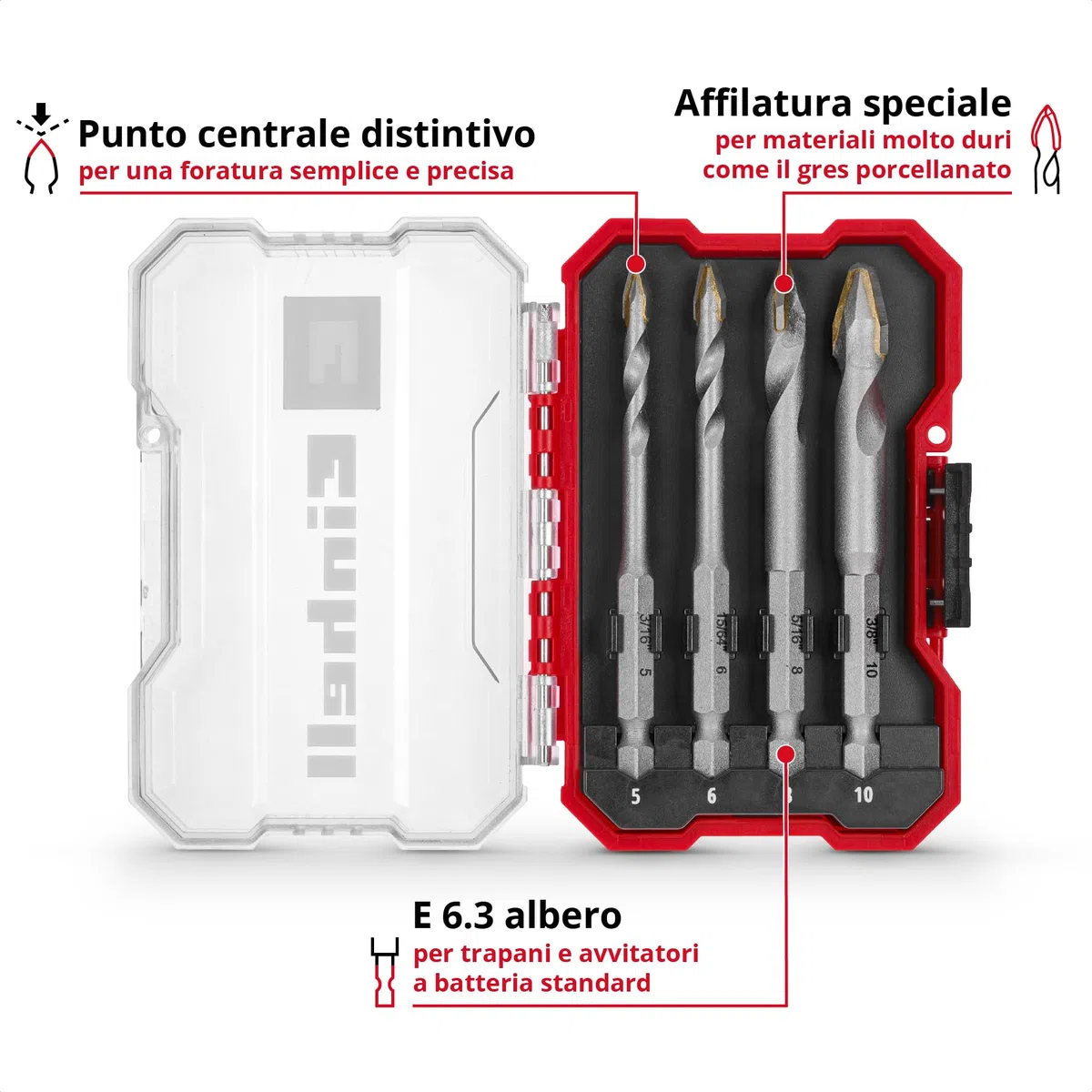Originale Einhell XS-CASE set di punte per piastrelle in metallo duro da 4 pezzi (in acciaio per utensili, piastra in metallo duro appositamente rettificata, punta centrale, gambo E 6.3)