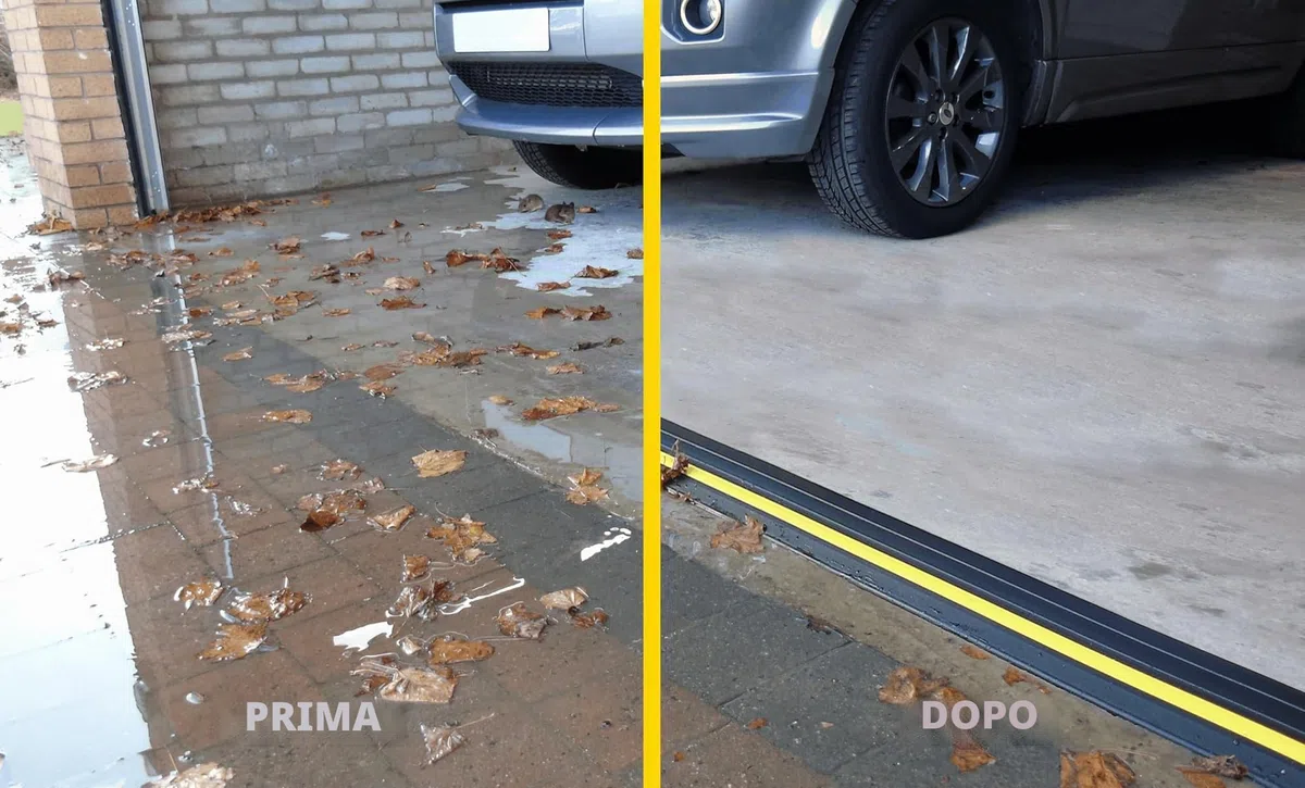 Kit soglia barriera antiallagamento per porta garage alta 4 cm 2,21 m | PVC flessibile | Il kit completo include 1 adesivi | GaraDry