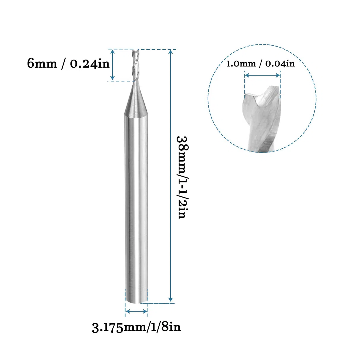 QUARKZMAN 3.175mm 1/8" Gambo 1.0mm x 6mm Spirale Router Punta x 5pz Solido Carburo CNC Estremità Fresa per Taglio Acrilico Plastica Resina Legno [2 Scanalature]