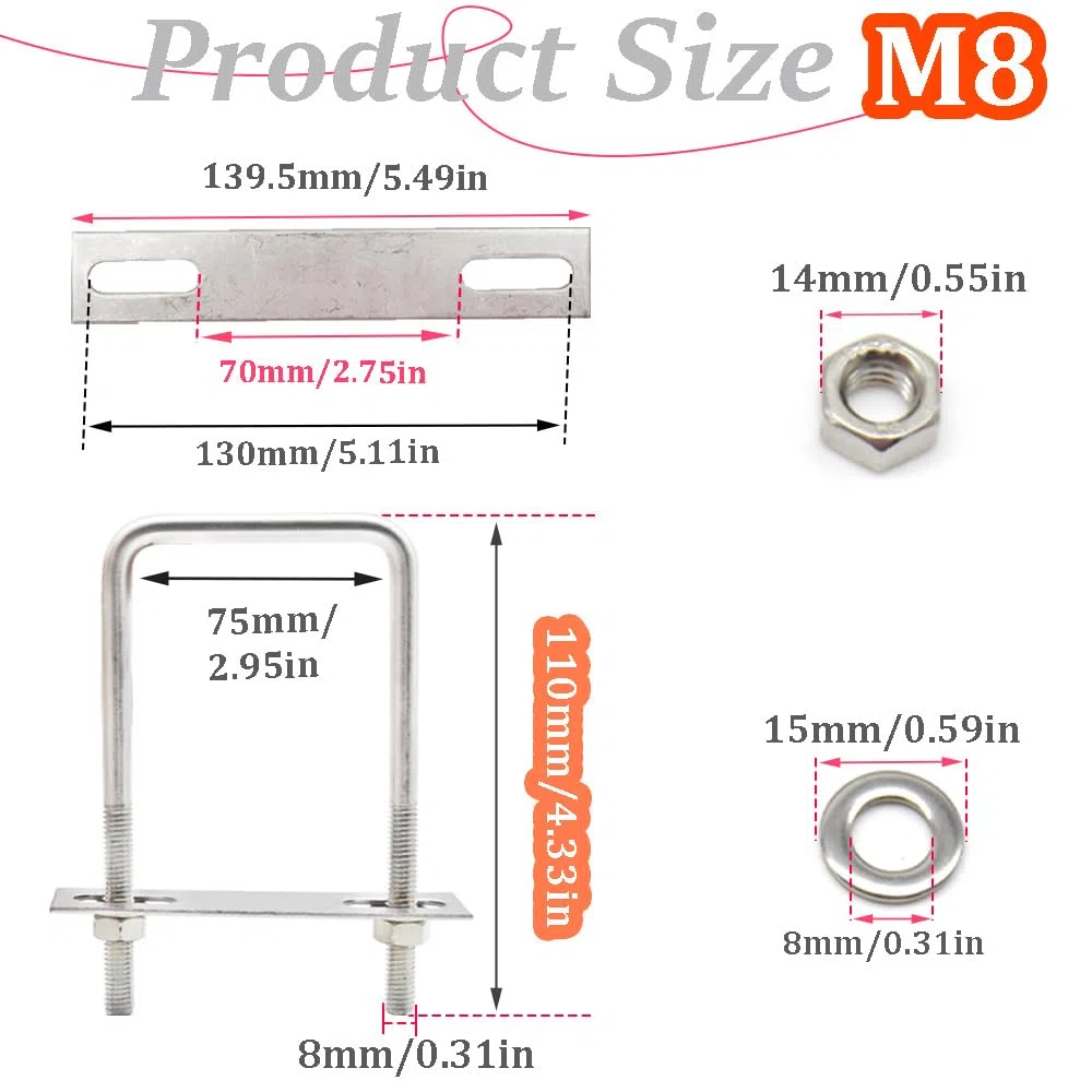 Set di 4 viti a U M8, 75 x 110 mm, staffa a U in acciaio inox 304, per il fissaggio di tubi, veicoli, navi, ponti, tunnel (U/M8-75 x 110 mm)