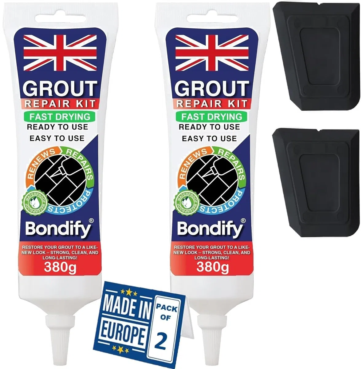 Kit Riparazione Fughe Piastrelle Nero, Asciugatura Rapida 360g x 2 ANTI-MUFFA Tubetto Stucco per Piastrelle Bagno & Doccia, Grout Repair Kit, Stucco per Fughe Pavimento, Sigillante per Malta