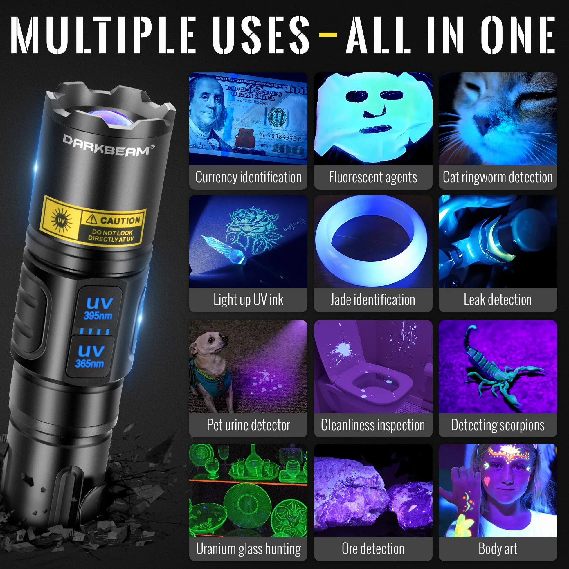 DARKBEAM Torcia UV 365nm & 395nm Doppia Luce Nera, LED Potente Lampada di wood Ricaricabile USB Torce Ultraviolette Rilevatore di urina per gatto/cane, per minerali, vetro uranio, ambra, resina