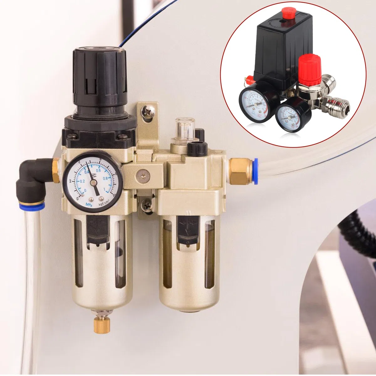 Interruttore di pressione per compressore 220V con regolatore di pressione e 2 manometri, valvola di controllo del compressore d'aria, interruttore del compressore con valvola di sicurezza e giunti