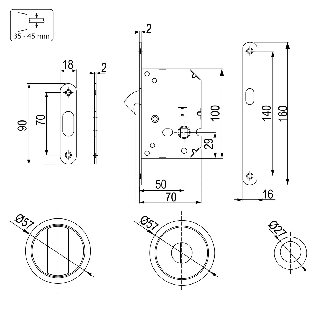 Emuca - Kit di serratura con rosetta rotonda, maniglia con serratura per porta scorrevole, Ø57mm, Acciaio, Nichel satinato