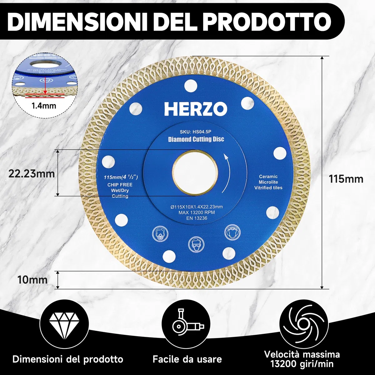 HERZO Set di 3 Dischi Diamantati 115mm x 22,23 mm per Piastrelle - Disco Diamantato 115mm per Taglio di Piastrelle, Gres Porcellanato, Porcellana e Ceramica
