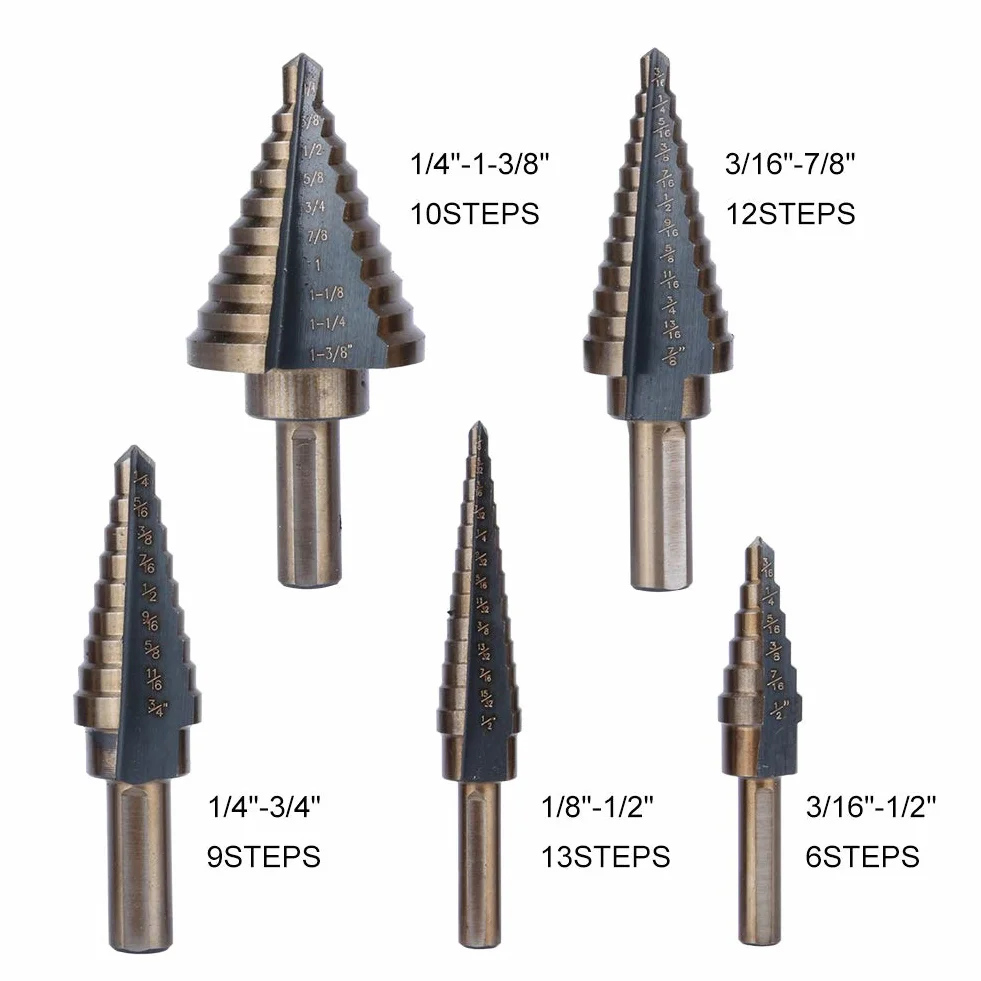 Yosoo HSS 5 Pz Set di Fresa Conica a Gradini a Gradini Cono Trapano Set Coated High Speed Steel con Aluminum Box