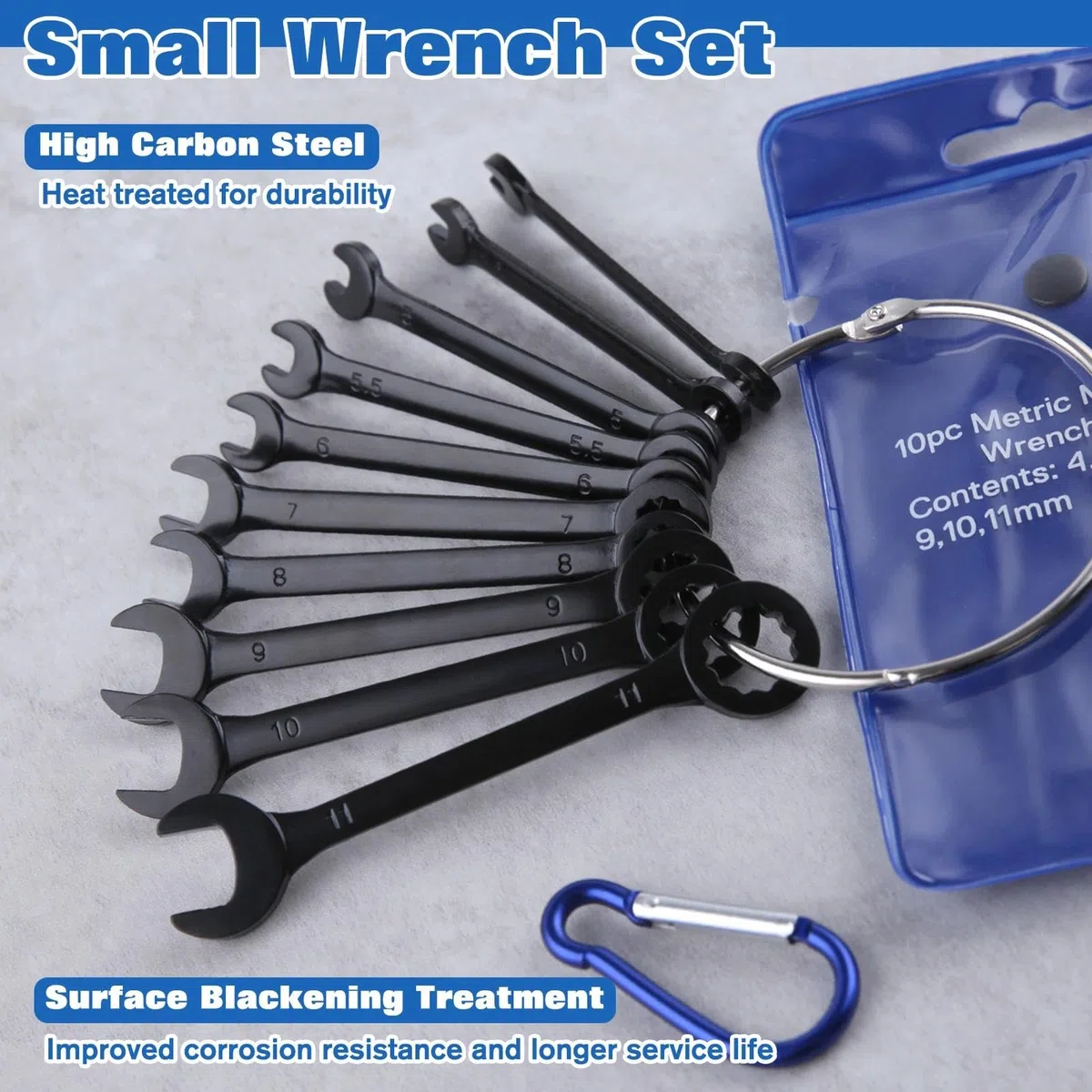 Set di 10 mini chiavi di accensione metriche standard da 4 a 11 mm, con estremità aperta e estremità a scatola, set di chiavi combinate sottili e piccole, con custodia portatile e