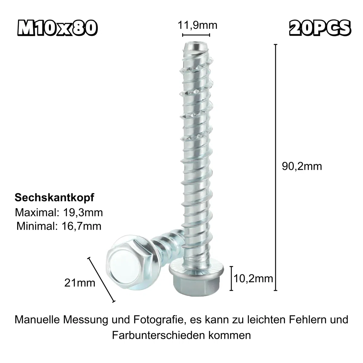 ORTAVA Viti per calcestruzzo testa esagonale M10 x 80, 20 pezzi viti per calcestruzzo zincate con disco per muratura, cemento, architettura, industria.