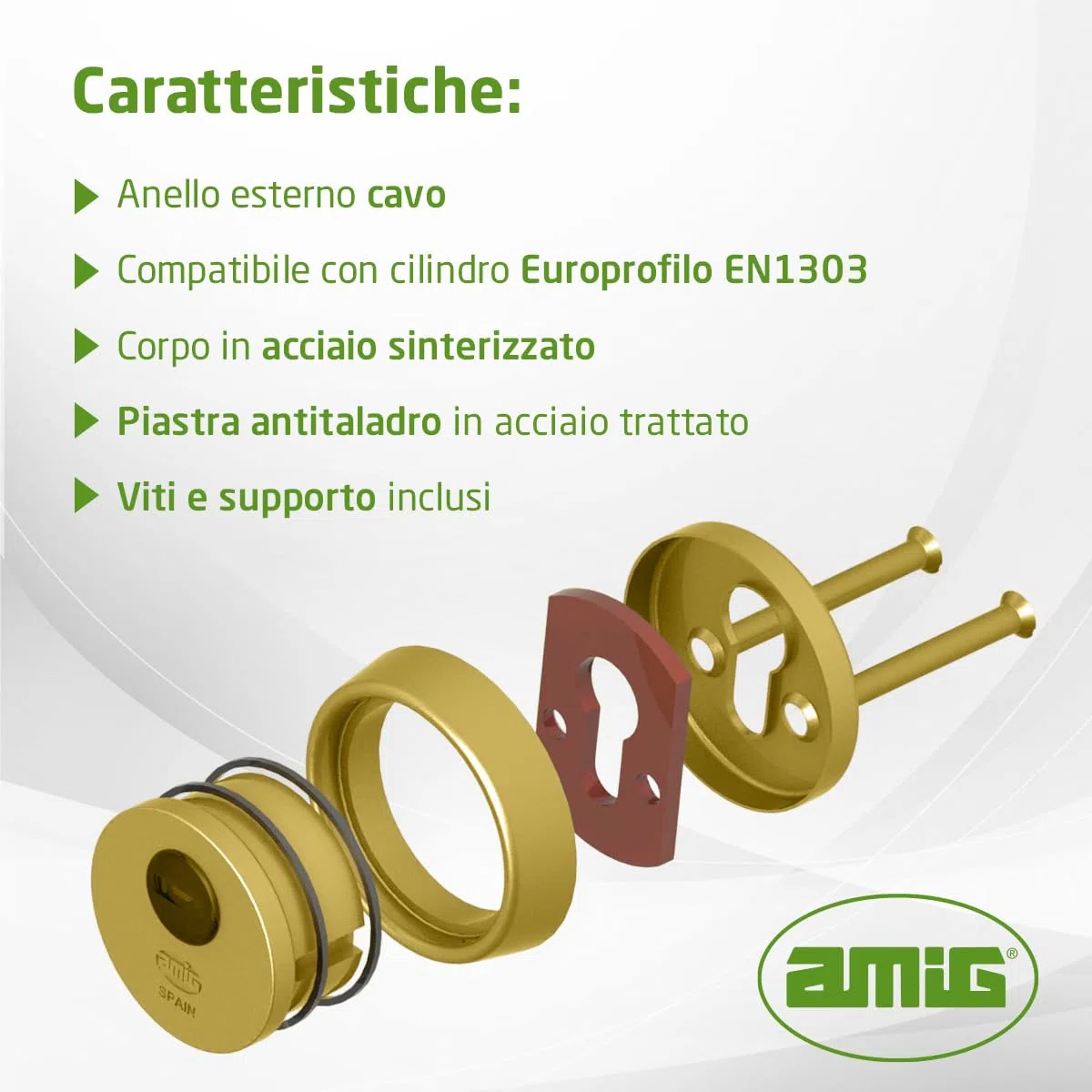 Amig - Defender per cilindro Mod. 31 - Ottone - Effetto cuoio - Anello esterno cavo - Ø65 mm - Con piastra antitrapano - Con viti e supporto - Cilindro Europrofilo EN1303 - Corpo acciaio sinterizzato