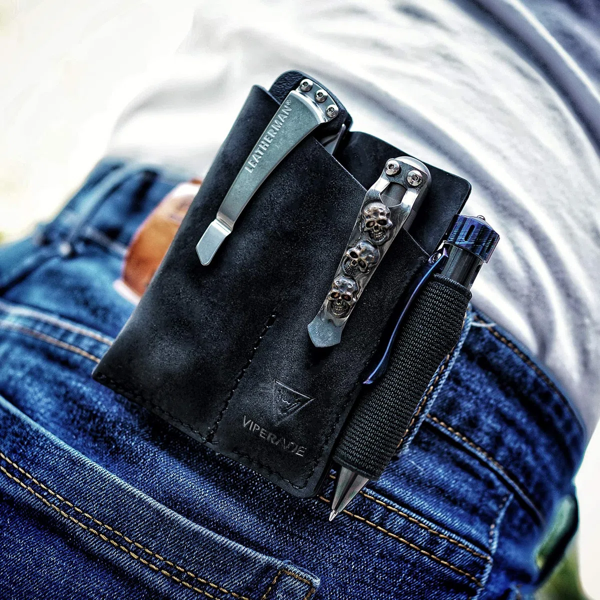 VIPERADE PJ12 EDC Fodero in pelle Guaina multiutensile Fondina per strumenti Fodero per coltello Guaina per torcia elettrica per Leatherman Guaina per coltello multiutensile con 2 tasche (Marrone)