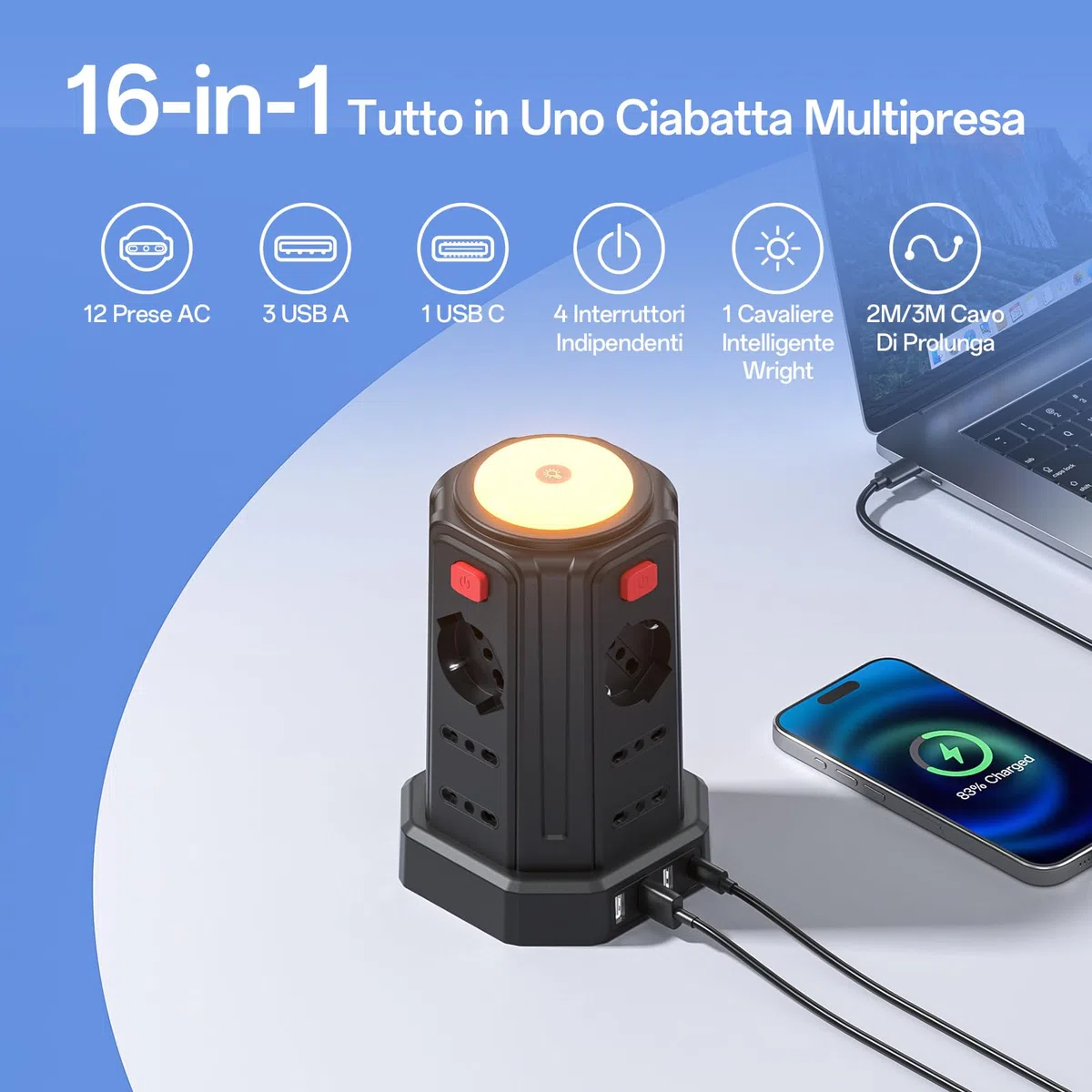 2 M Ciabatta Elettrica Multipresa con Luce Notturna 12 Prese Universali 10/16A ITA e Schuko e 3 USB A+1 USB C Protezione Sovratensione con 4 Interruttori Indipendenti per L'ufficio, La casa