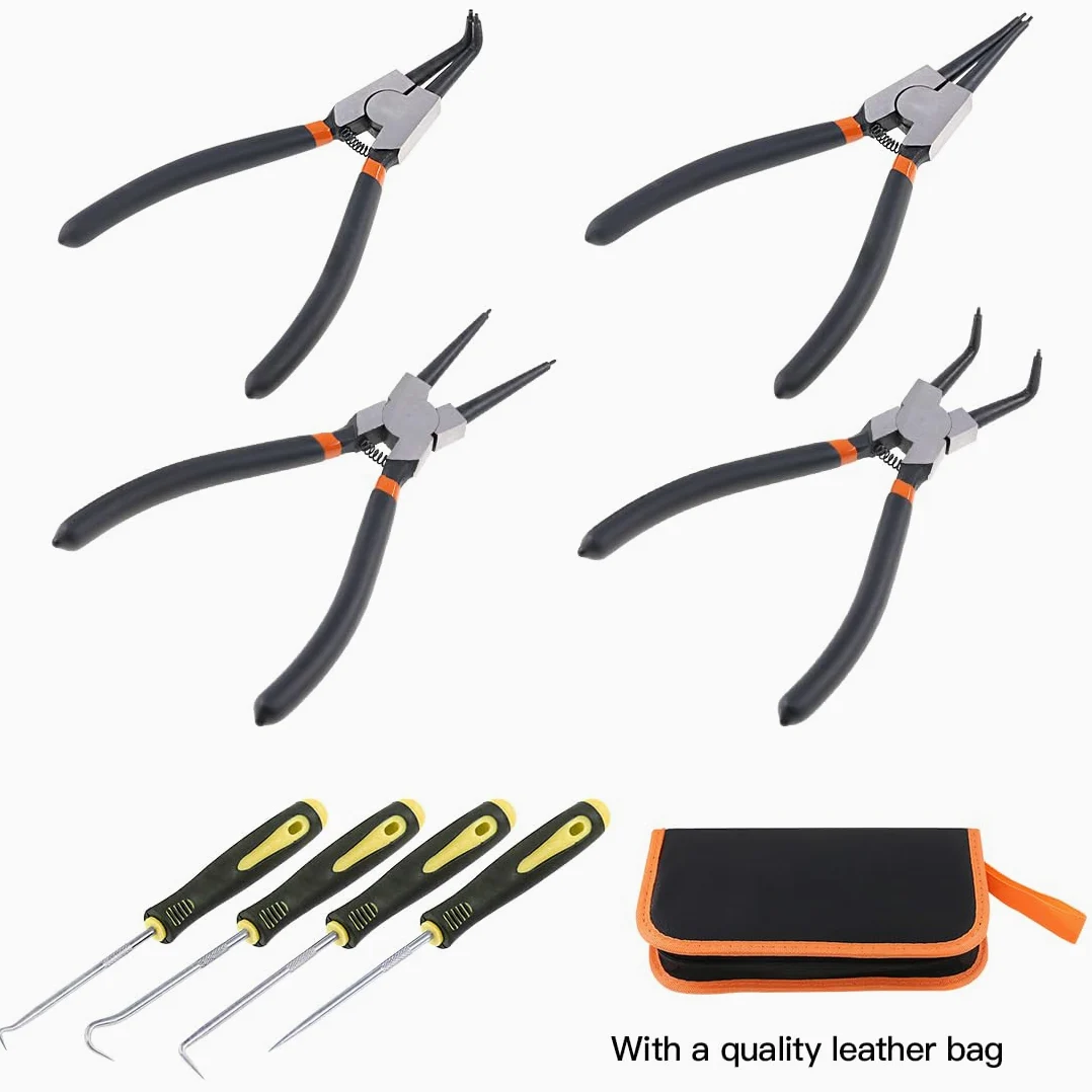 Swpeet 8 pinze ad anello a scatto con set di plettri e ganci, 4 pezzi pesanti per anelli di tenuta interna/esterna per anelli di tenuta ad olio set con 4 pezzi di precisione set di plettri e