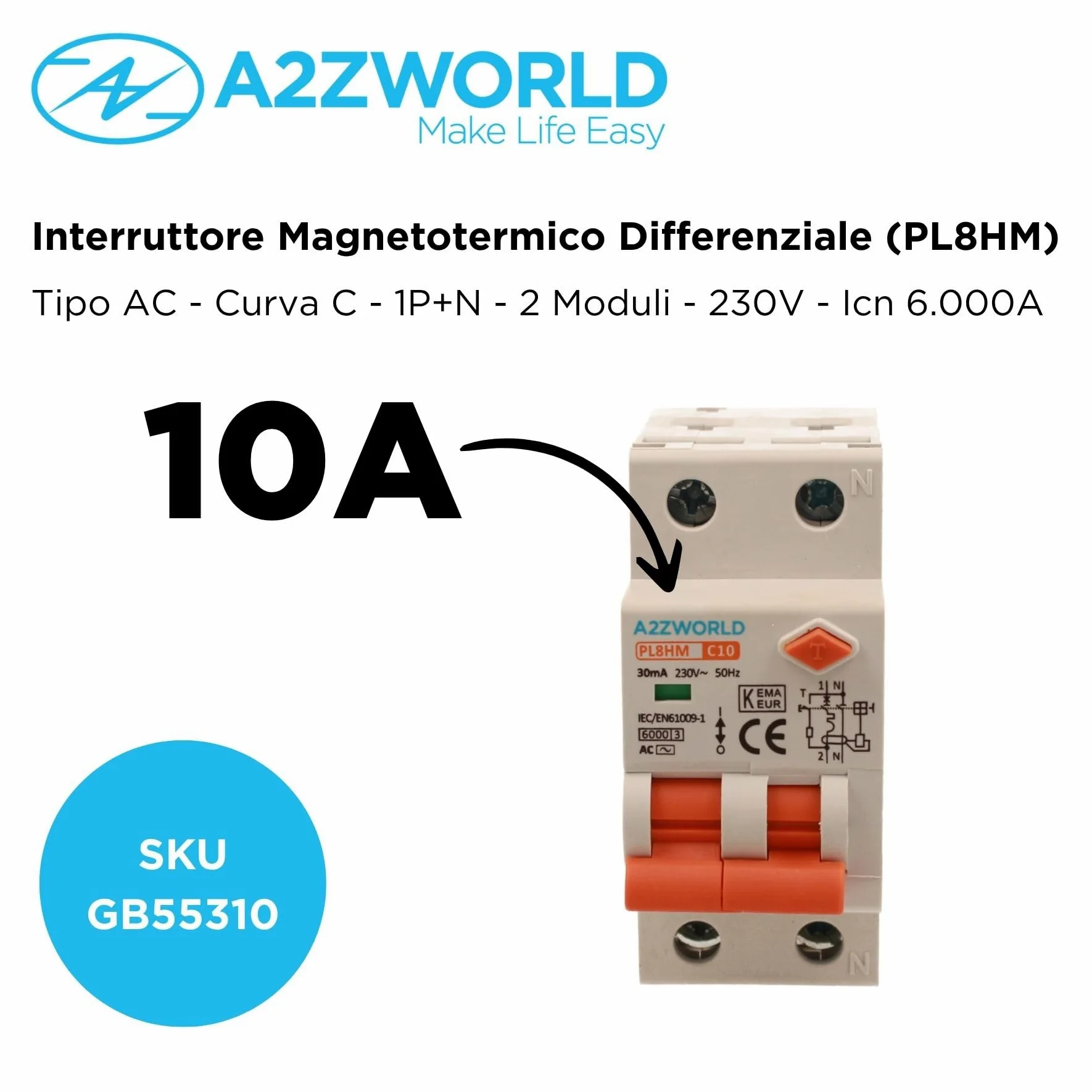 Interruttore Magnetotermico Differenziale 10A, 1P+N 6kA 30mA 220V, Occupa 2 Moduli DIN