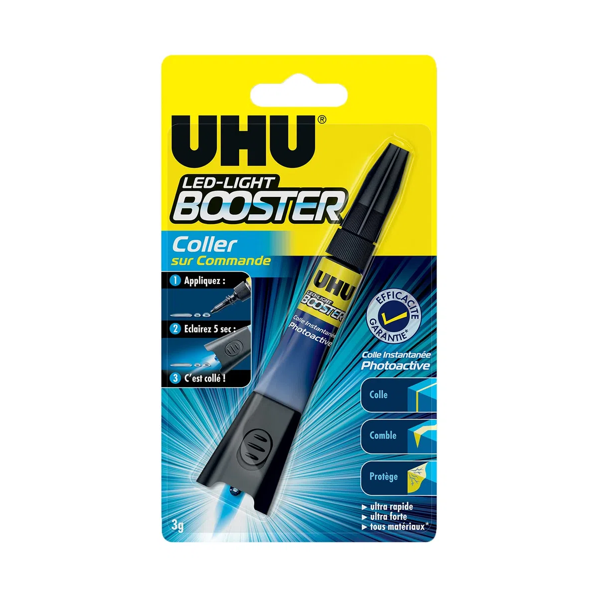 UHU Booster - Colla istantanea, attivata con lampada UV inclusa, colla, ripara, riempimento, protegge, trasparente, tubo 3g