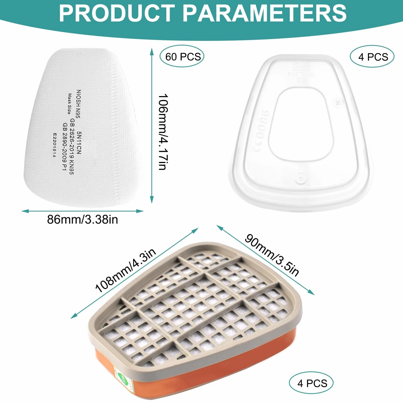 68 Pezzi 6001 Filtro per Respiratore Set, Filtri cotone Replacement per Protezione del Viso, con 60 Filtro in Cotone, 4 Filtri e 4 Tappo, per Antipolvere e Protezione Verniciatura Riutilizzabile
