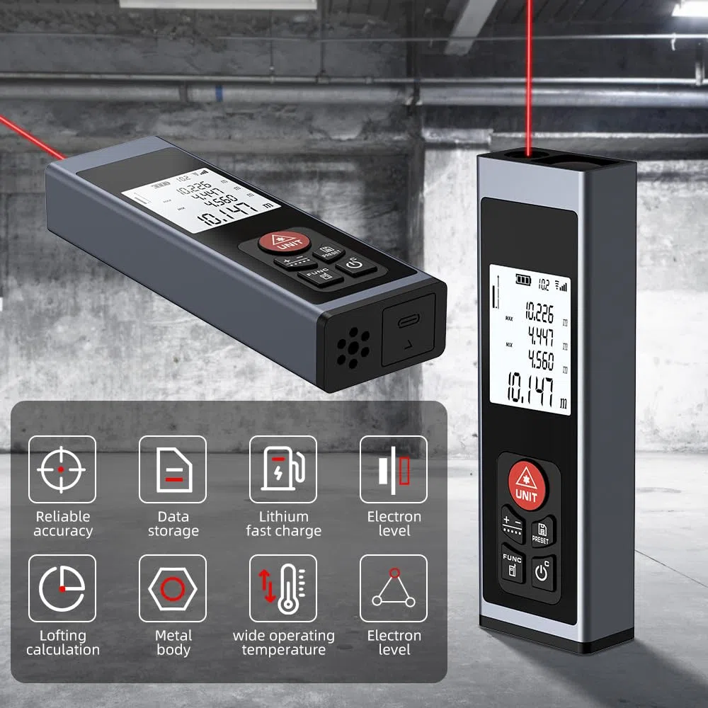 REVASRI Telemetro Professionale, Telemetro Laser con Livella Elettronica M/In/F Retroilluminazione LCD Distanza/Area/Volume/Pitagora/Continuo e USB C Ricaricabile
