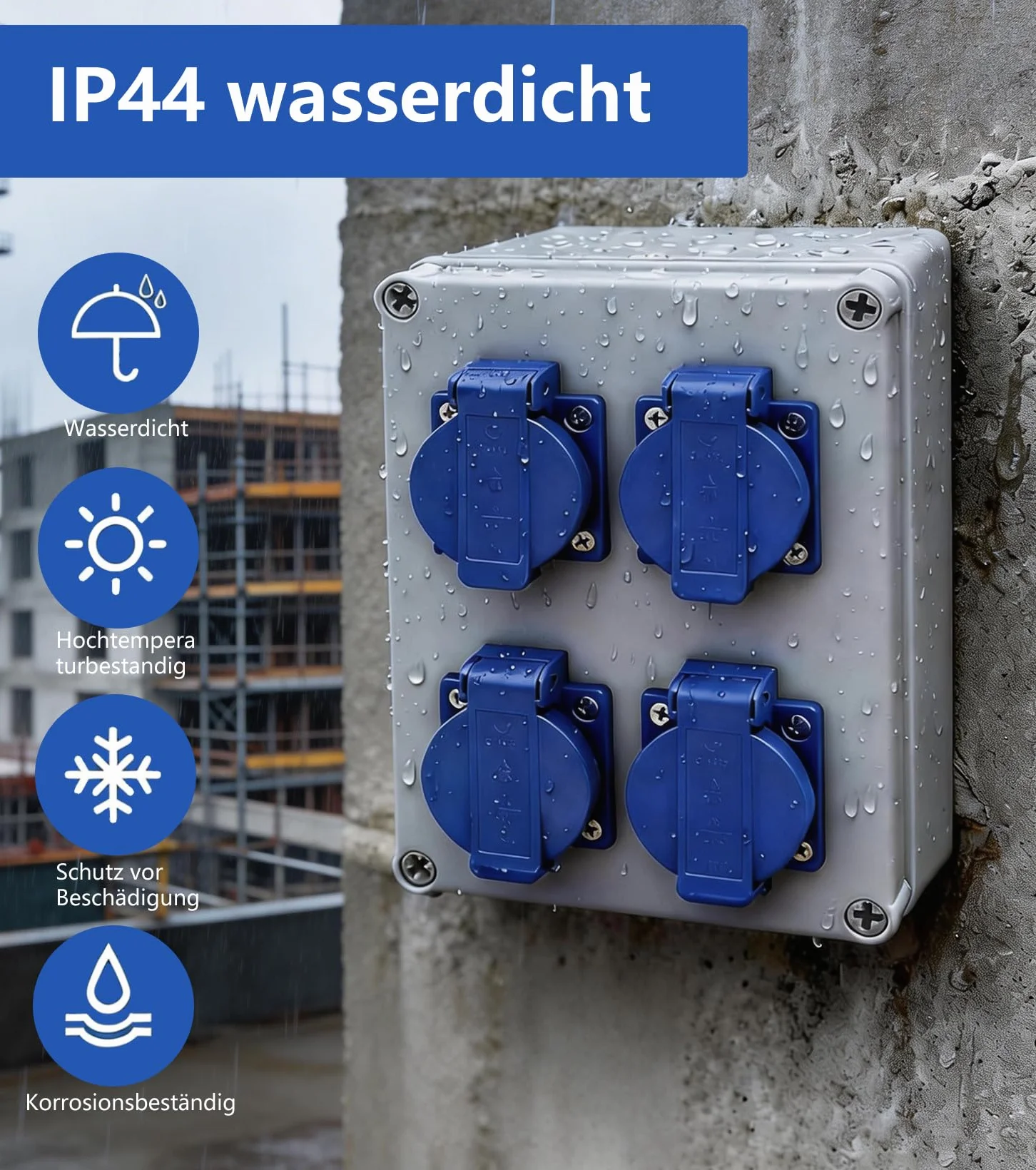 Distributore di corrente da parete 16 A precablato,scatola elettrica da parete con presa da 4 x 230 V Schuko IP44, impermeabile a parete per cantieri case interni ed esterni
