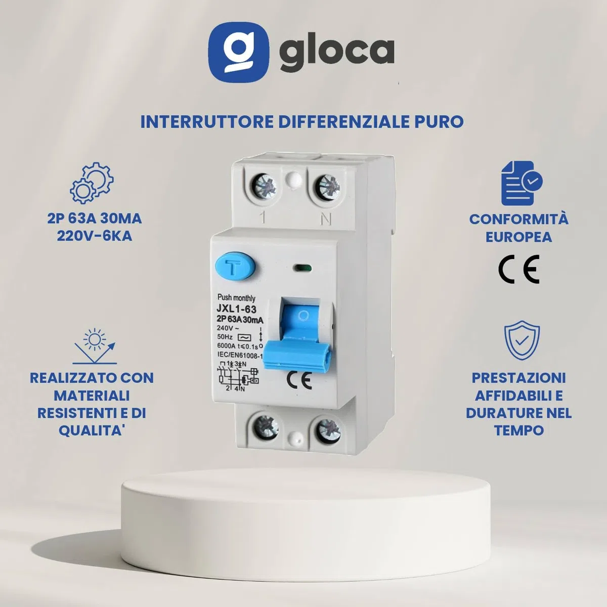 gloca Interruttore Differenziale Puro Salvavita 2P 30mA 220V-6KA 2 Moduli DIN (63 Ampere)
