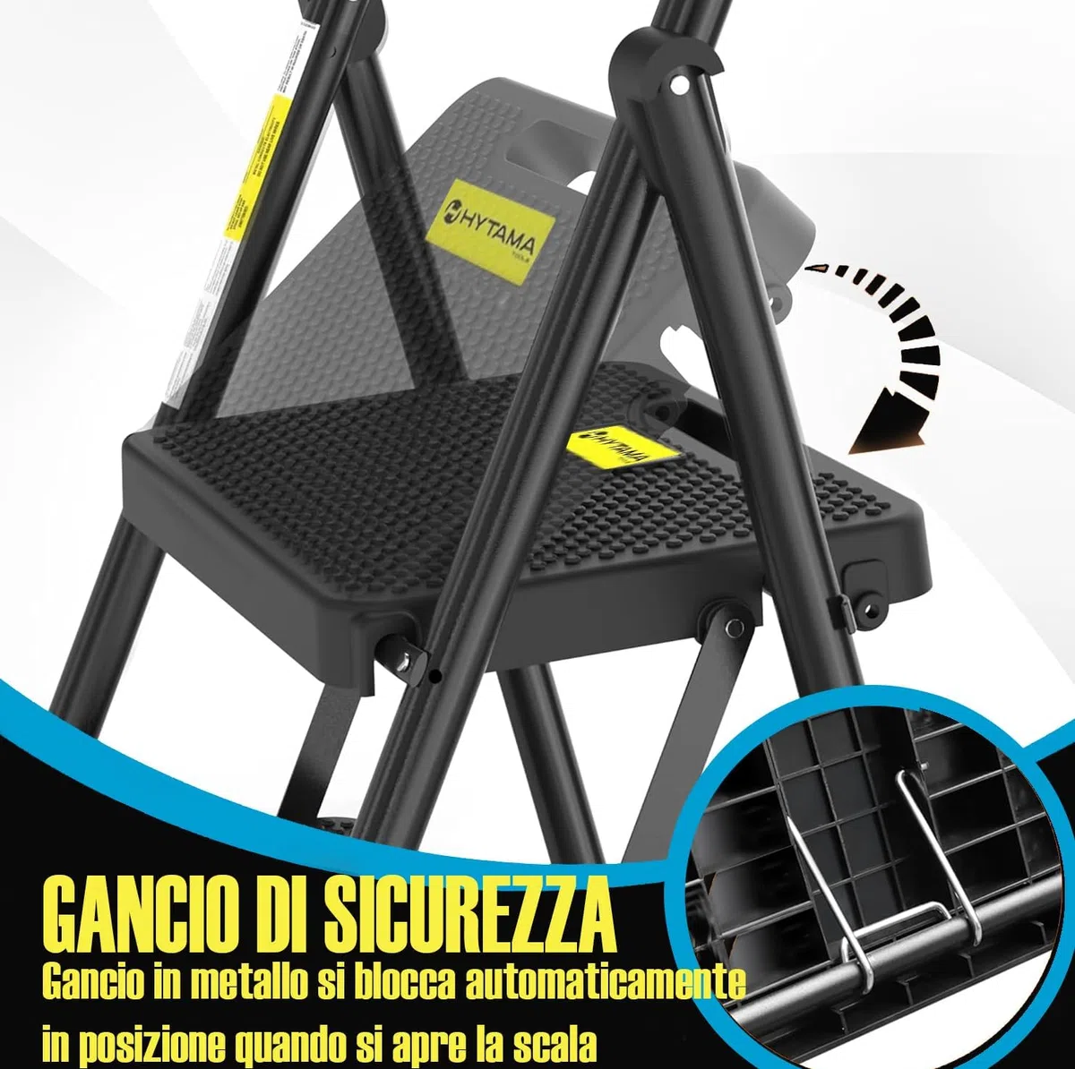 HYTAMA Scala Sgabello Pieghevole con Ampio Pedale Antiscivolo, Scala in Acciaio Robusta, Impugnatura Comoda, Leggera, Sgabello Portatile in Acciaio,Certificata EN14183 (NERO, 2 Gradini)