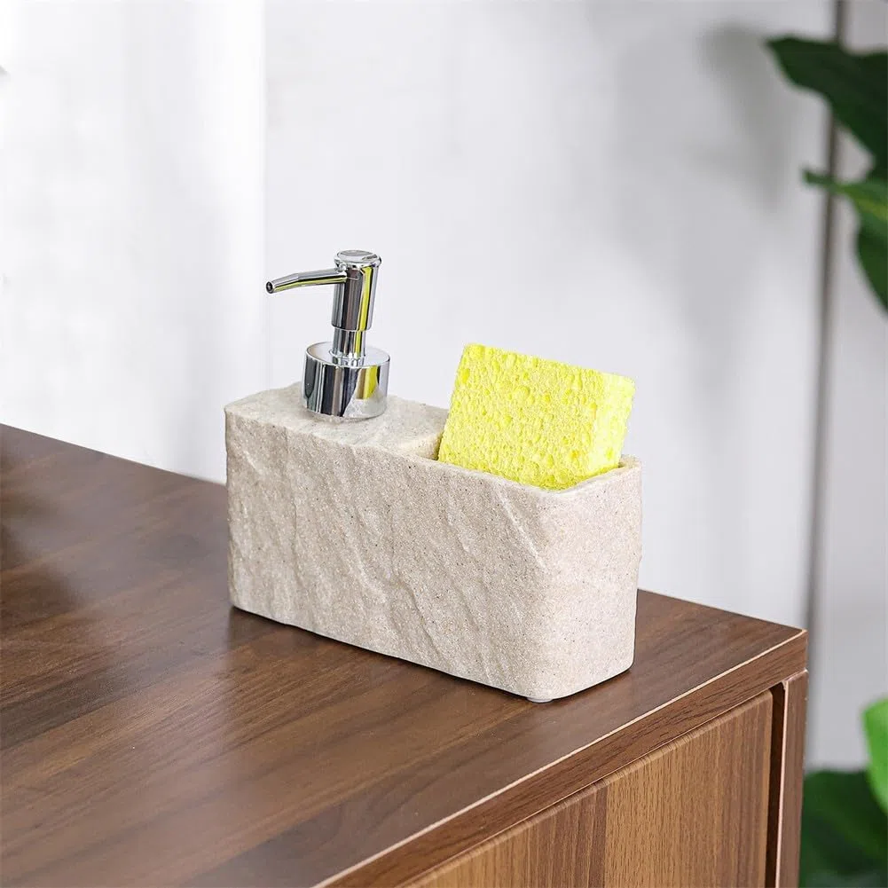 Dispenser di sapone per lavello da cucina e bagno, con supporto per spugna integrato, struttura in resina per una maggiore durata, accessorio per la pulizia salvaspazio (beige)