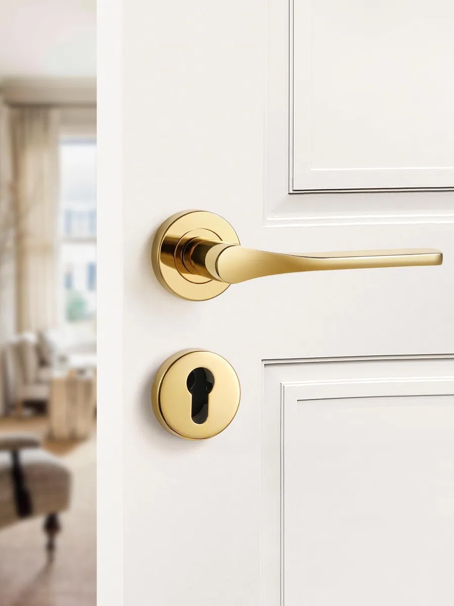 Maniglia per porta in acciaio inox spazzolato opaco dorato, set maniglia per porta anteriore e porta interna, forma L, profilo PZ, cilindro, rosetta tonda