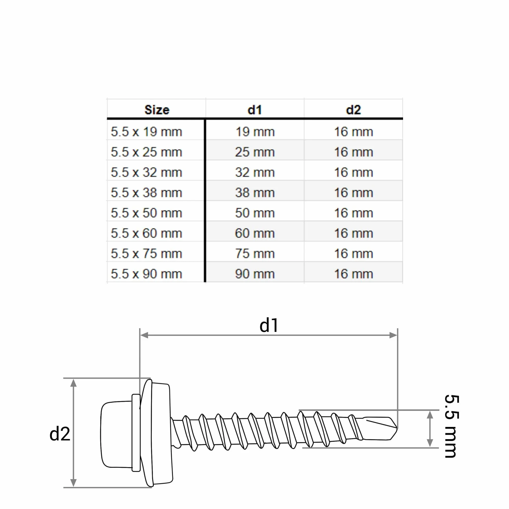 SKIR'CO (50 pezzi) Viti per tetti zincate 5,5 x 75 mm, Testa esagonale, Viti autoperforanti DIN 7504-K con rondelle di tenuta EPDM