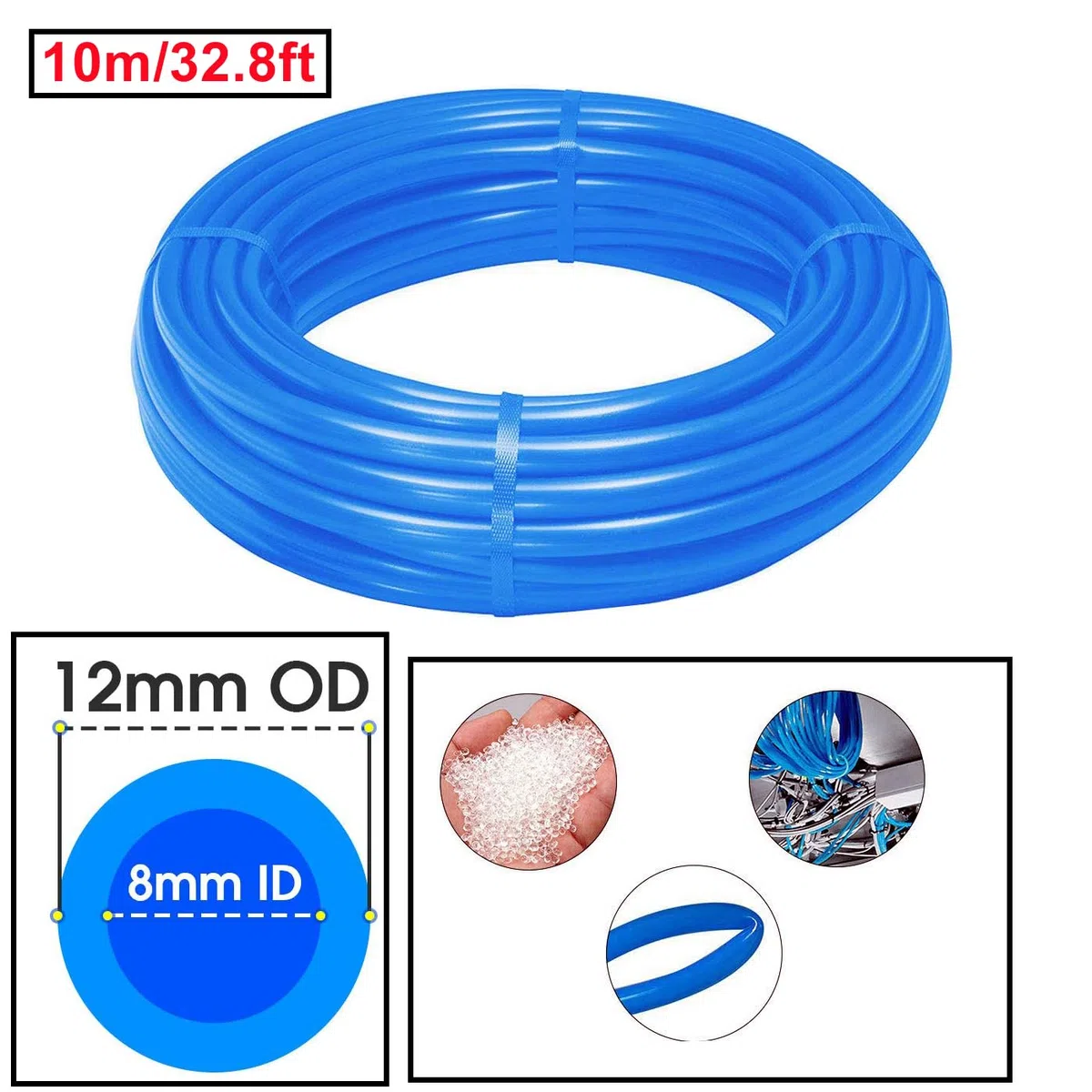 10 Metri Tubo per Aria Poliuretano Blu,12mm Diametro Esterno 8mm Diametro Interno Tubo Pneumatico per Aria Compressa,Pneumatico Flessibile 32.8ft con 14 Pcs Attacchi Rapidi
