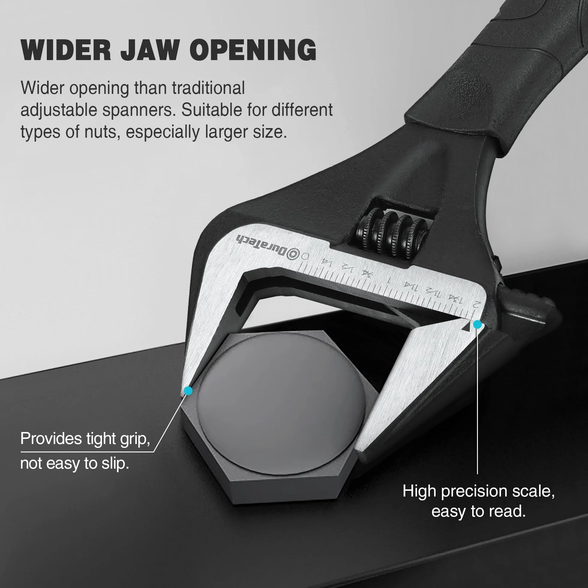 DURATECH Chiave regolabile da 10"/250mm, ampia ganascia con grande apertura, strumento di riparazione manuale per bacini idraulici, acciaio CR-V, scala SAE e metrica, impugnatura ergonomica