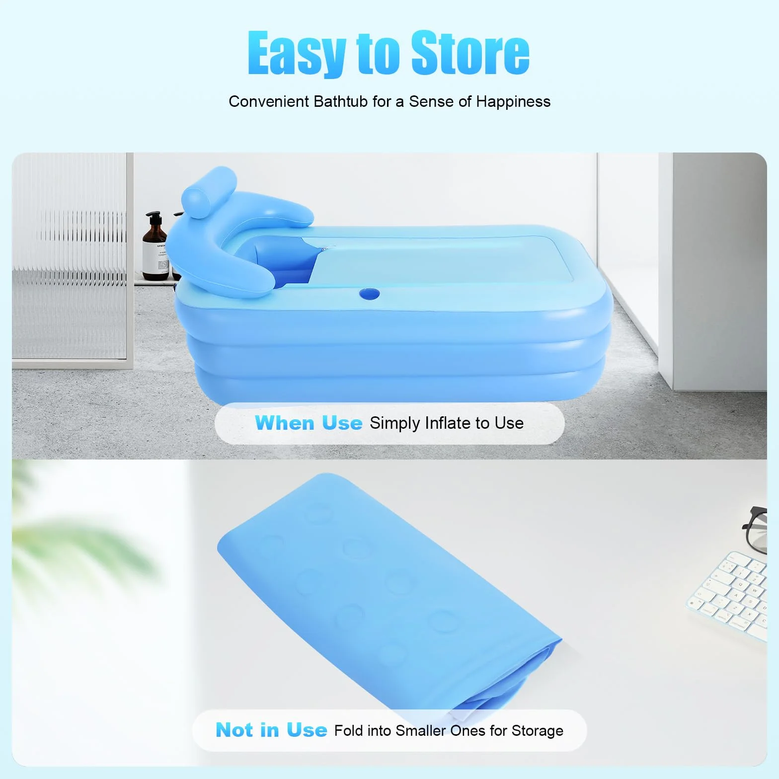 Vasca da bagno pieghevole per adulti con cuscino per il collo, robusta vasca a 3 camere senza pompa, piscina mobile spa per giardino, balcone e campeggio