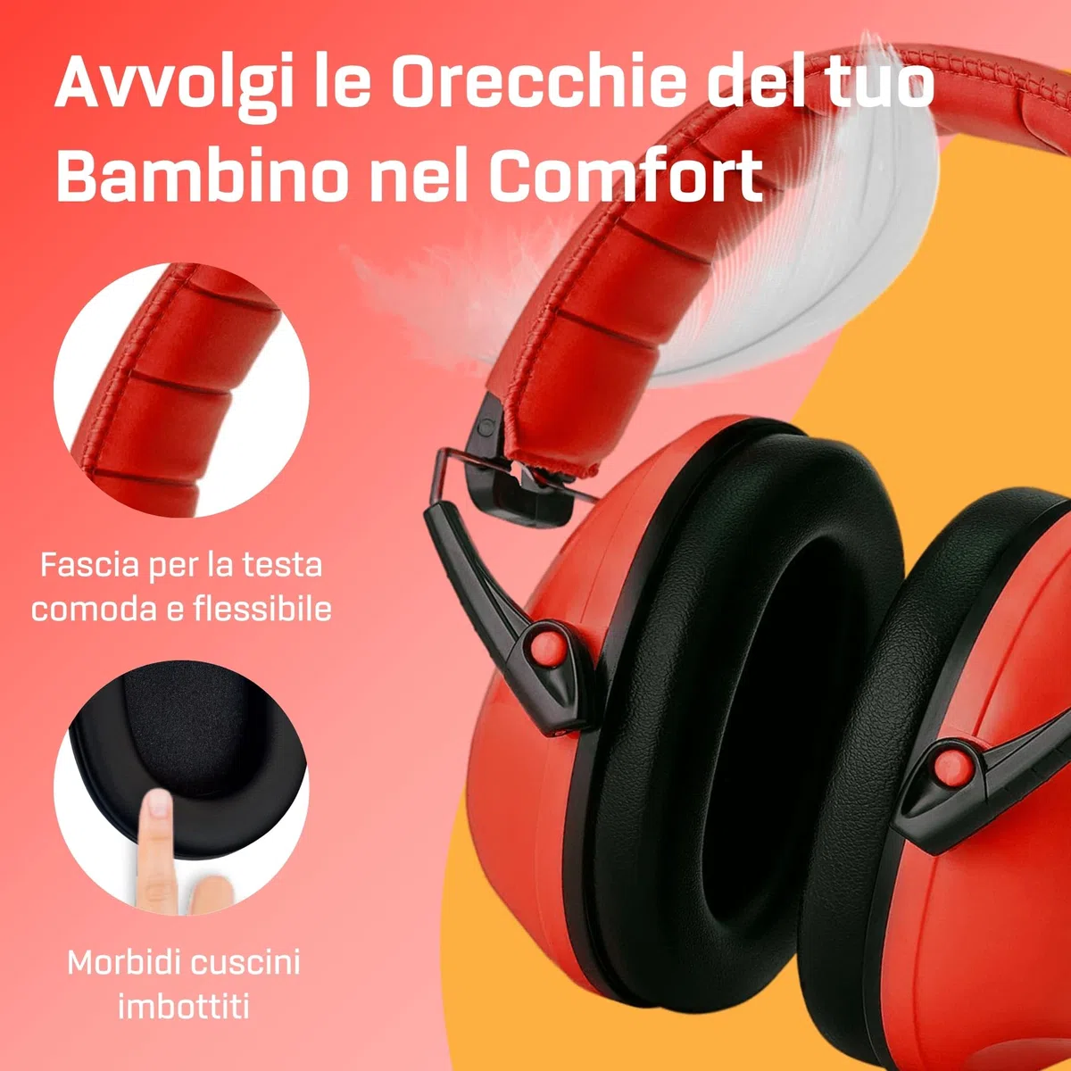 Vanderfields Premium cuffie di protezione per l'udito - Riduzione del suono ad ampio spettro 32 dB a 2 K Hz Cancellazione del rumore - Cuffie per bambini 3-12 - Rosso