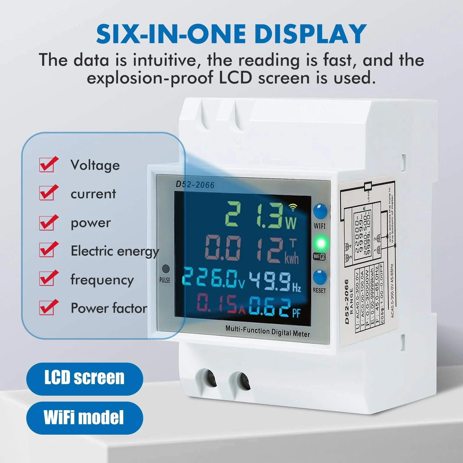 Contatore Energia Elettrica Monofase WiFi Contatore Elettrico Digitale Misuratore Consumo Elettrico DIN Controllo APP Tuya AC40-300 Misuratore di Tensione, Corrente, Potenza e Frequenza
