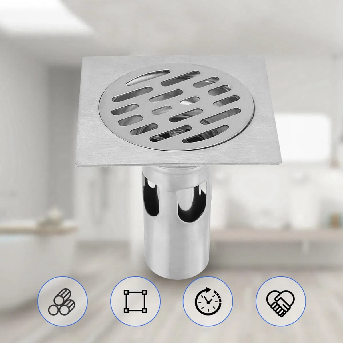 Scarico a pavimento in cciaio inox 304 antiodore a 4 pollici con filtro rimovibile per Bagno Doccia Quadrata WC Filtro da Giardino Antiruggine