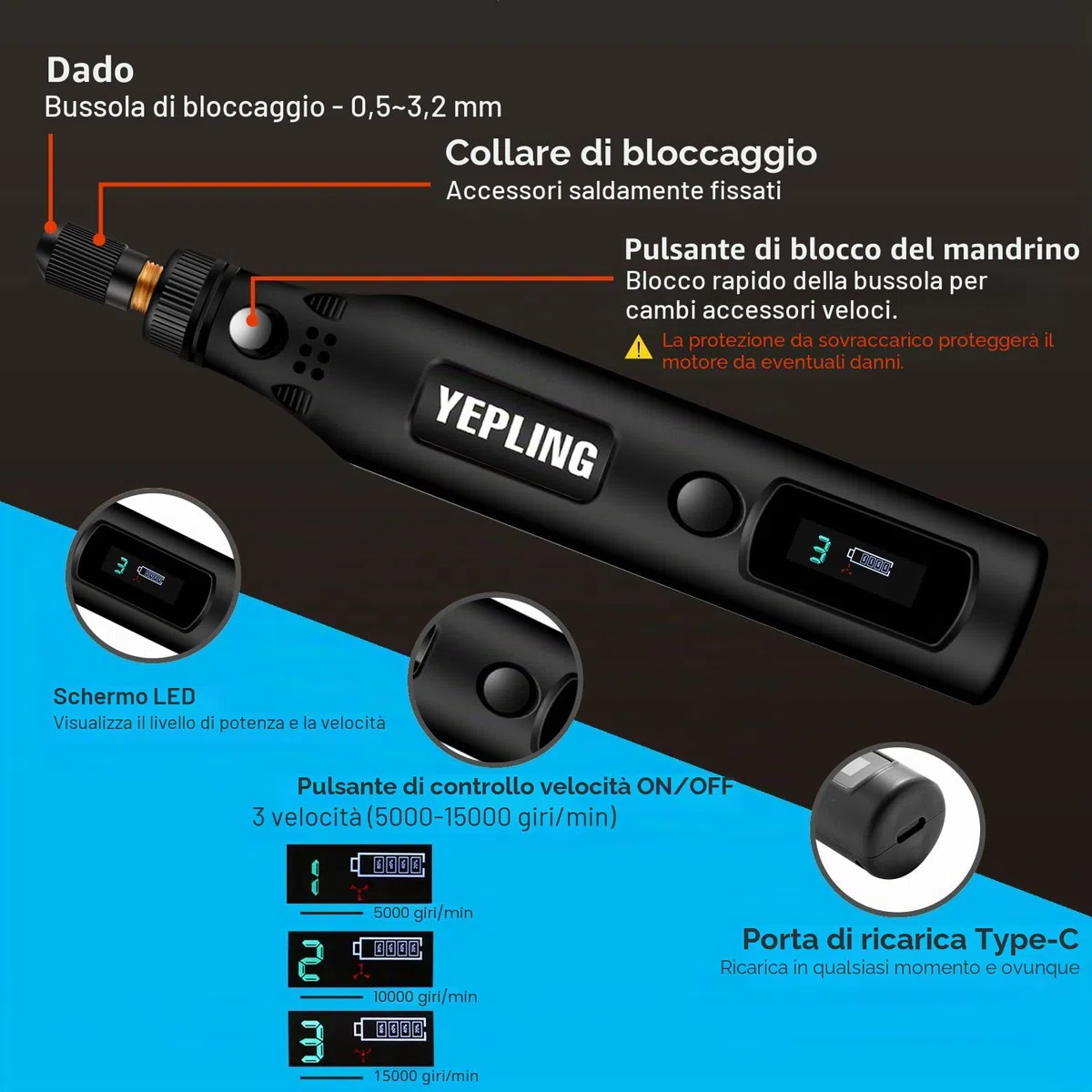 Strumento rotante Li-Ion 3 vel., mini kit lucidatrice fai-da-te LED, 72 pezzi USB, ideale piccoli lavori leggeri
