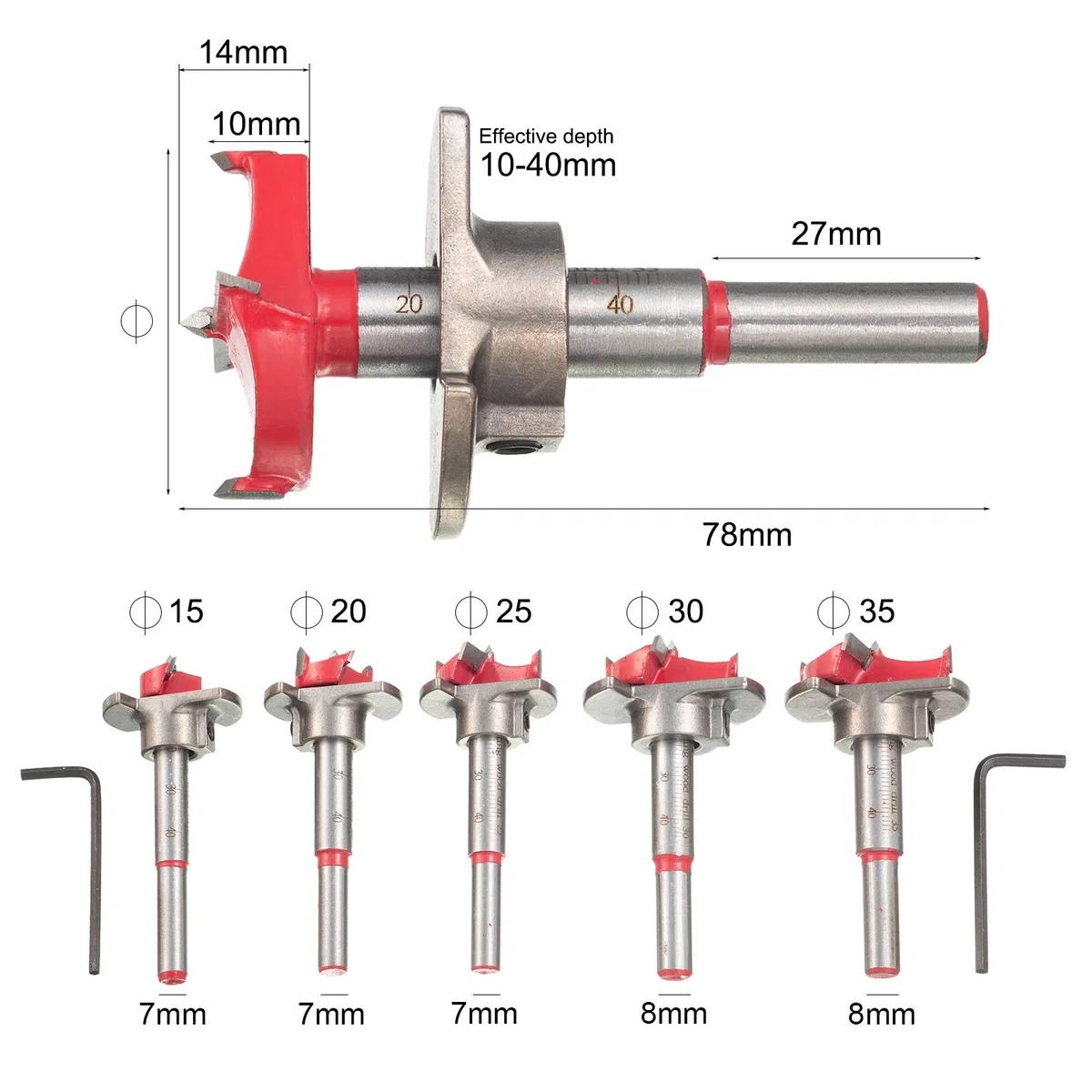 HPMAISON Forstner - Set di punte da trapano con attacco regolabile, 5 pezzi, 15-35 mm, con attacco di profondità (gamma di profondità 10-40 mm)
