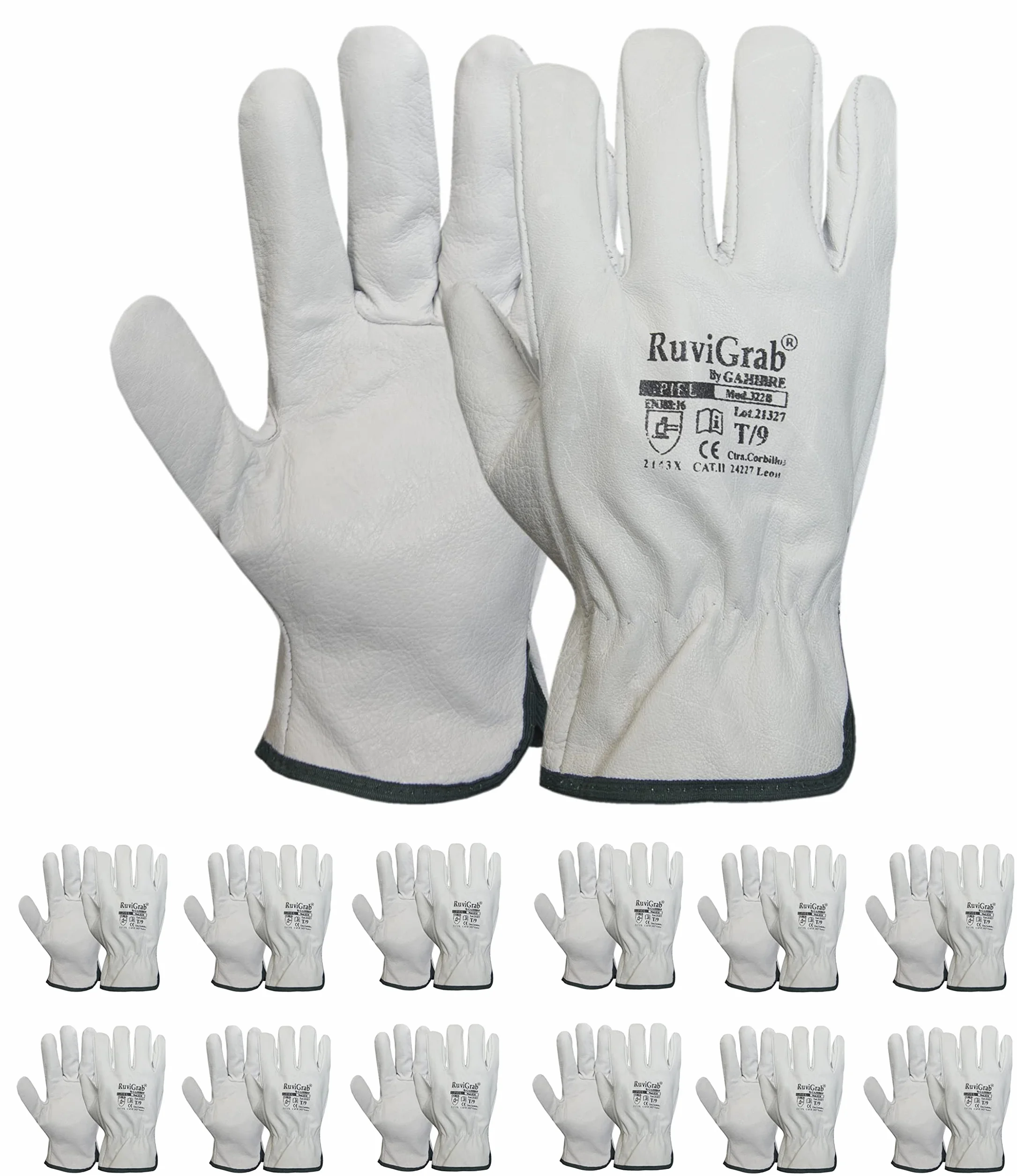 Ruvigrab - Guanto da Lavoro in Pelle di Fiore Naturale - Guanti da Giardinaggio - Pacco da 12