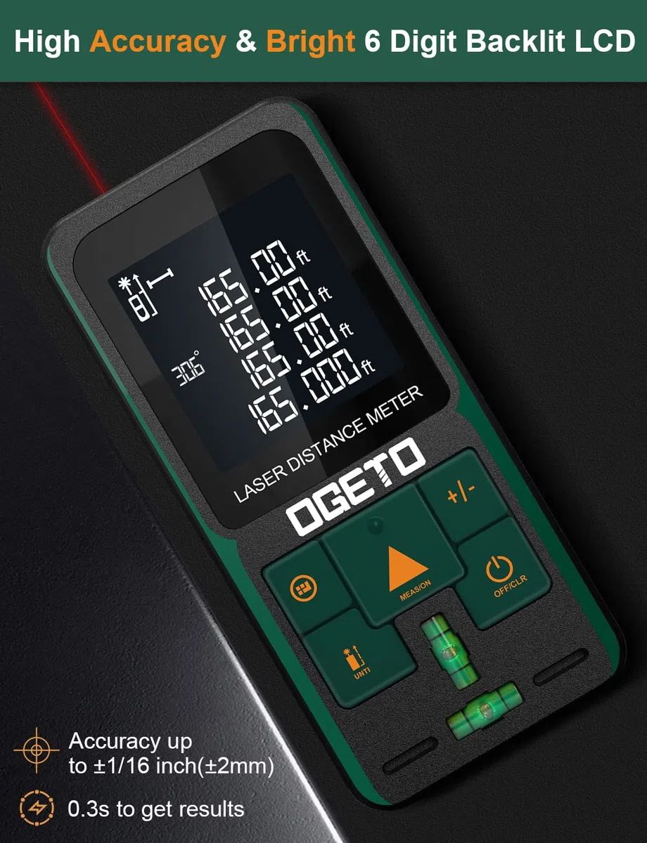 Metro Laser,OGETO Distanziometro Laser Dispositivo con Sensore Angolare Elettronico Strumento di Misurazione Digitale Portatile Telemetro con Livelle a Bolla e Ampio LCD Retroilluminato