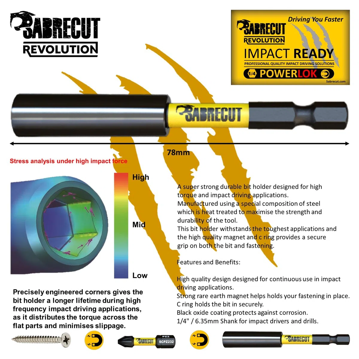 21 x SabreCut MRSCB01 Portapunte a impatto magnetico da 78mm con 20 punte da 32mm PH1 PH2 PZ1 PZ2 Torx T10 T15 T20 T25 T30 Hex HX H2 H2.5 H3 H4 H5 H6 H8 H10 SL4 Adattatore per attacco quadro