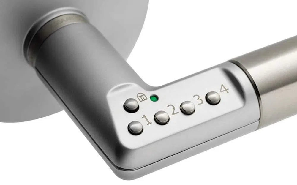 Assa Abloy Maniglia con Sblocco Tramite Codice per Porte, Alimentata a Batteria, D8812H000 Grigio, apertura con mano destra