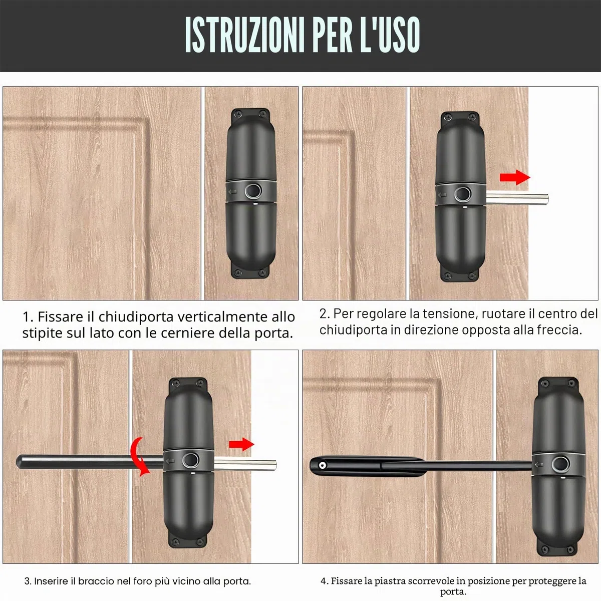 Chiudiporta Automatico Regolabile Chiudiporta Molla Tampone Chiuso per Uso Commerciale e Domestico (Nero)