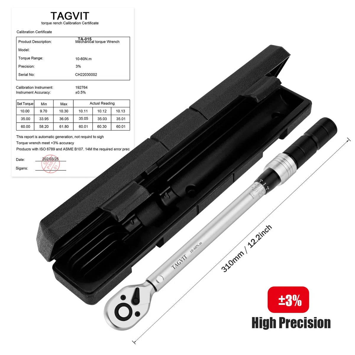 Chiave Dinamometrica 3/8", Alta Precisione ± 3%, 10-60 NM Chiave Dinamometrica con Una Scatola Portatile per Manutenzione Moto, Bicicletta, Auto