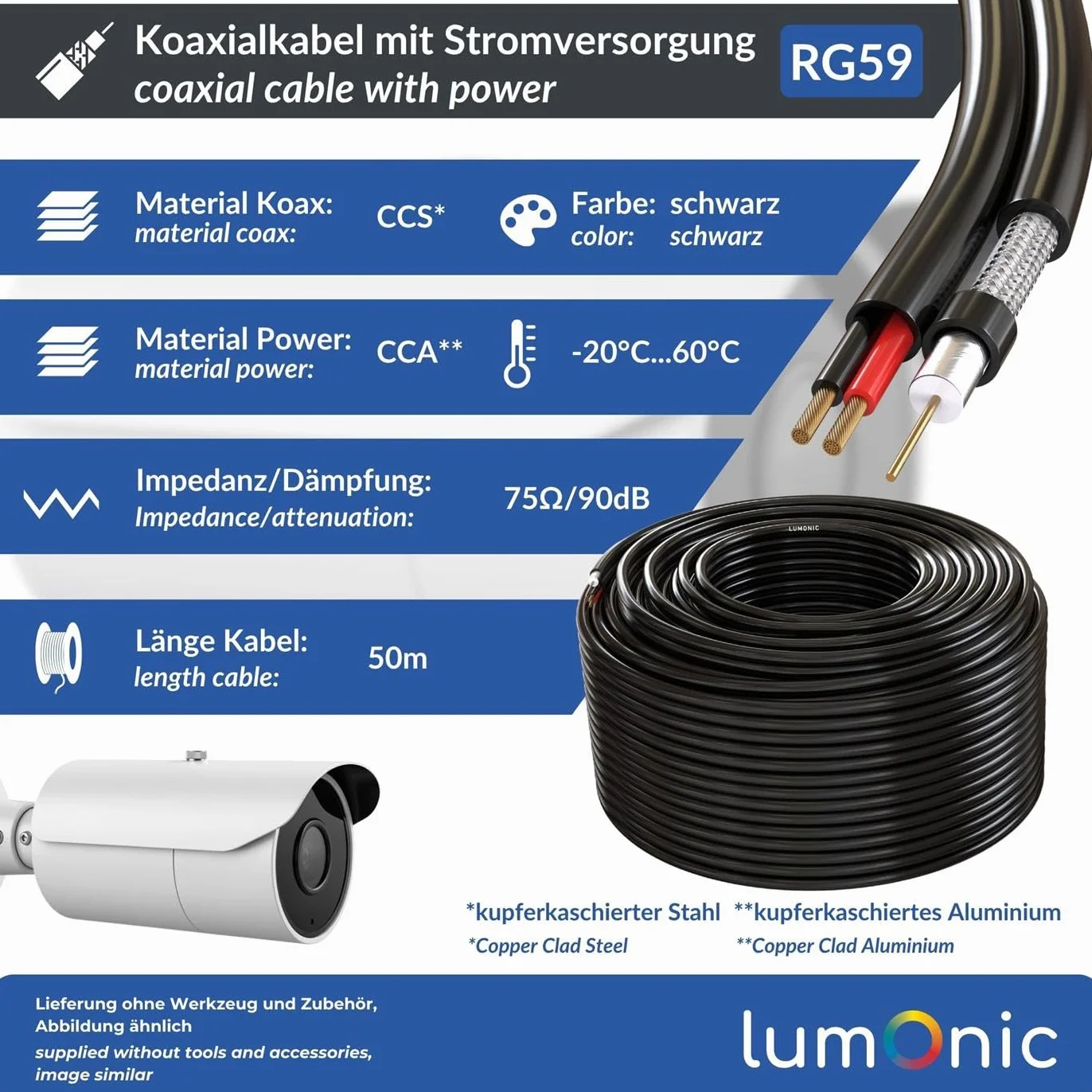 Lumonic RG59 RG59 Cavo coassiale + Linea elettrica 50m | Cavo di sorveglianza TVCC con alimentazione | Cavo combinato a 75 Ohm, Doppia schermatura, 90dB Smorzamento, Video + Elettricità