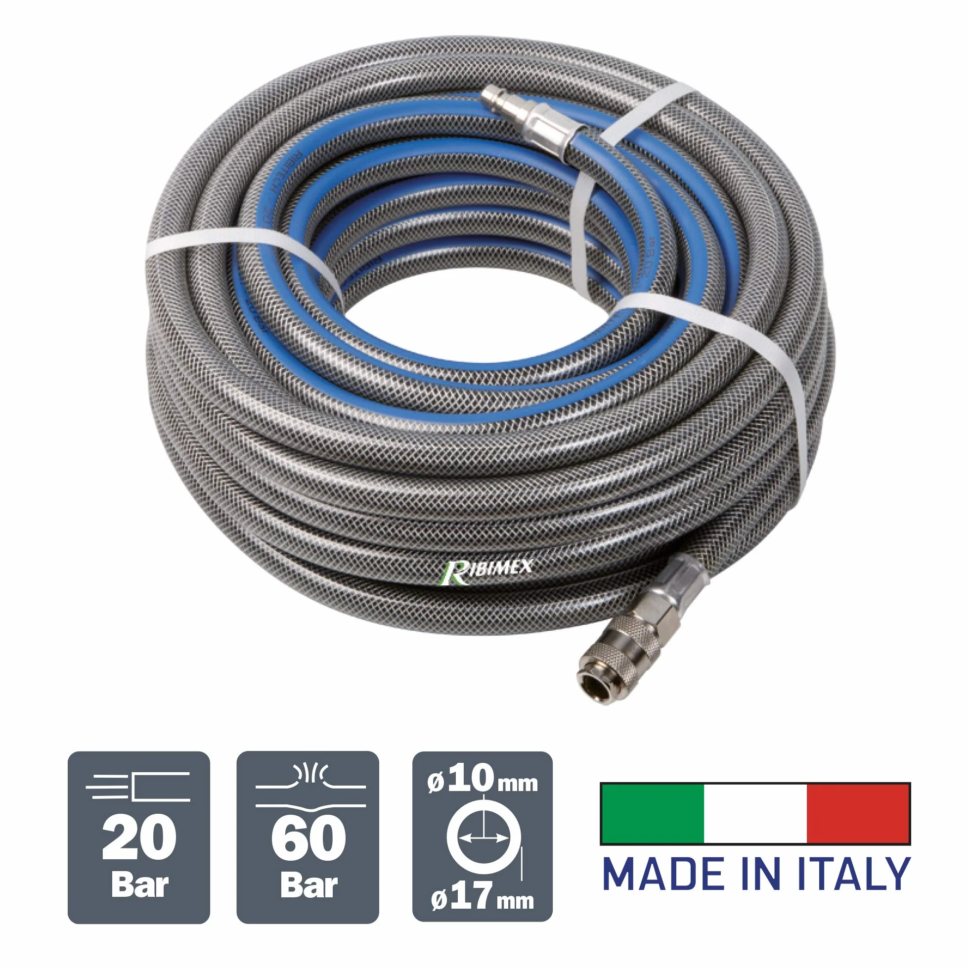 Ribimex Tubo Aria Compressa in PVC 15 m, Ø Interno 10 mm ed Esterno 17 mm, con Raccordo Automatico Femmina Universale e Raccordo Maschio Standard D, Pressione Max 20 Bar - PRTAR/RR1017