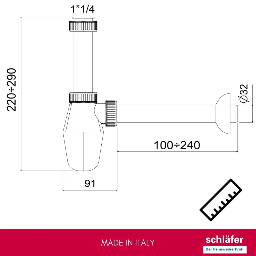 Schläfer 4396115 | Sifone in Abs 1 1/4 Cromato, Sifone a Bottiglia per lavabo e Bidet, Scarico Lavandino Universale, Sifone in Plastica Antiodore Cromo, Tubo Scarico Muro diam 32 mm.