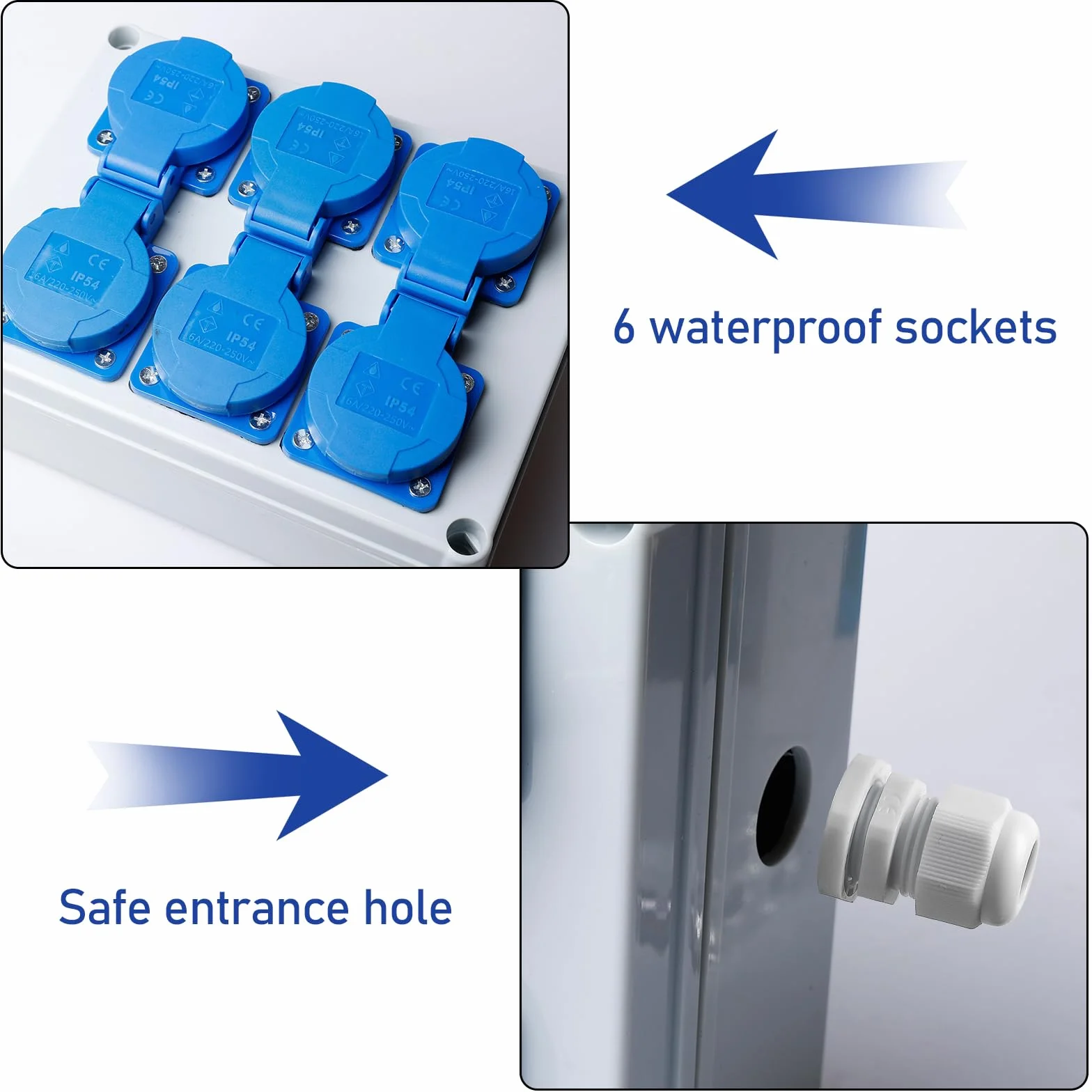 Distributore di corrente da parete, 6 x 230 V, 16 A, distributore di corrente da costruzione, IP44, per interni ed esterni