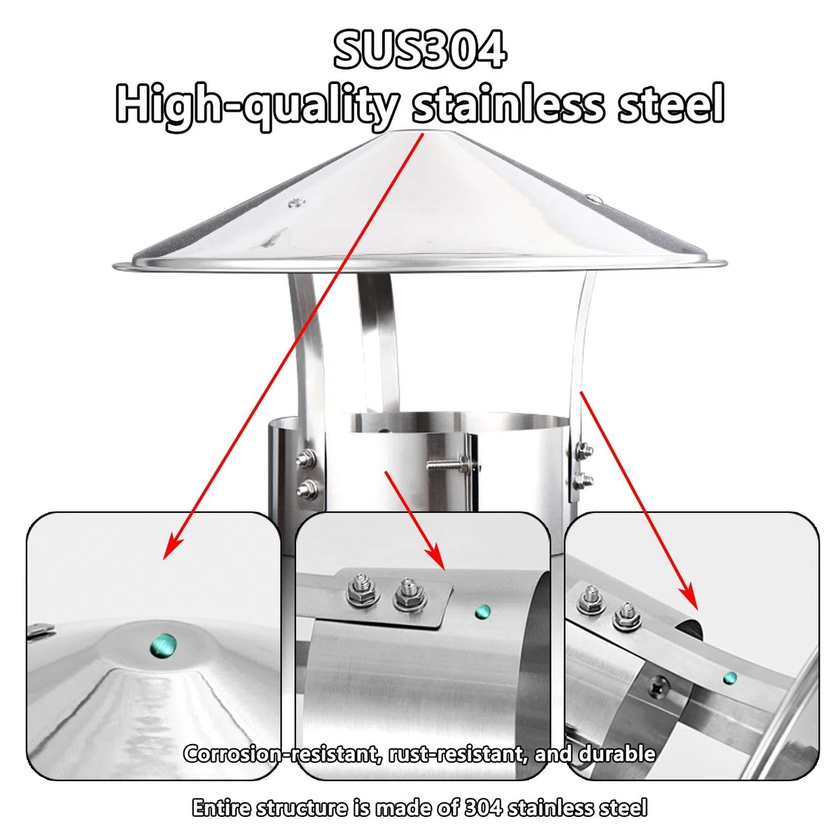 Comignolo Cinese Antivento Terminale Canna Fumaria Acciaio Inox Cappello Uscita Fumi Antipioggia Base Tonda Per Stufa O Camino, Camino Terminale Canna Fumaria 200mm(304 material,80 mm(3 in))