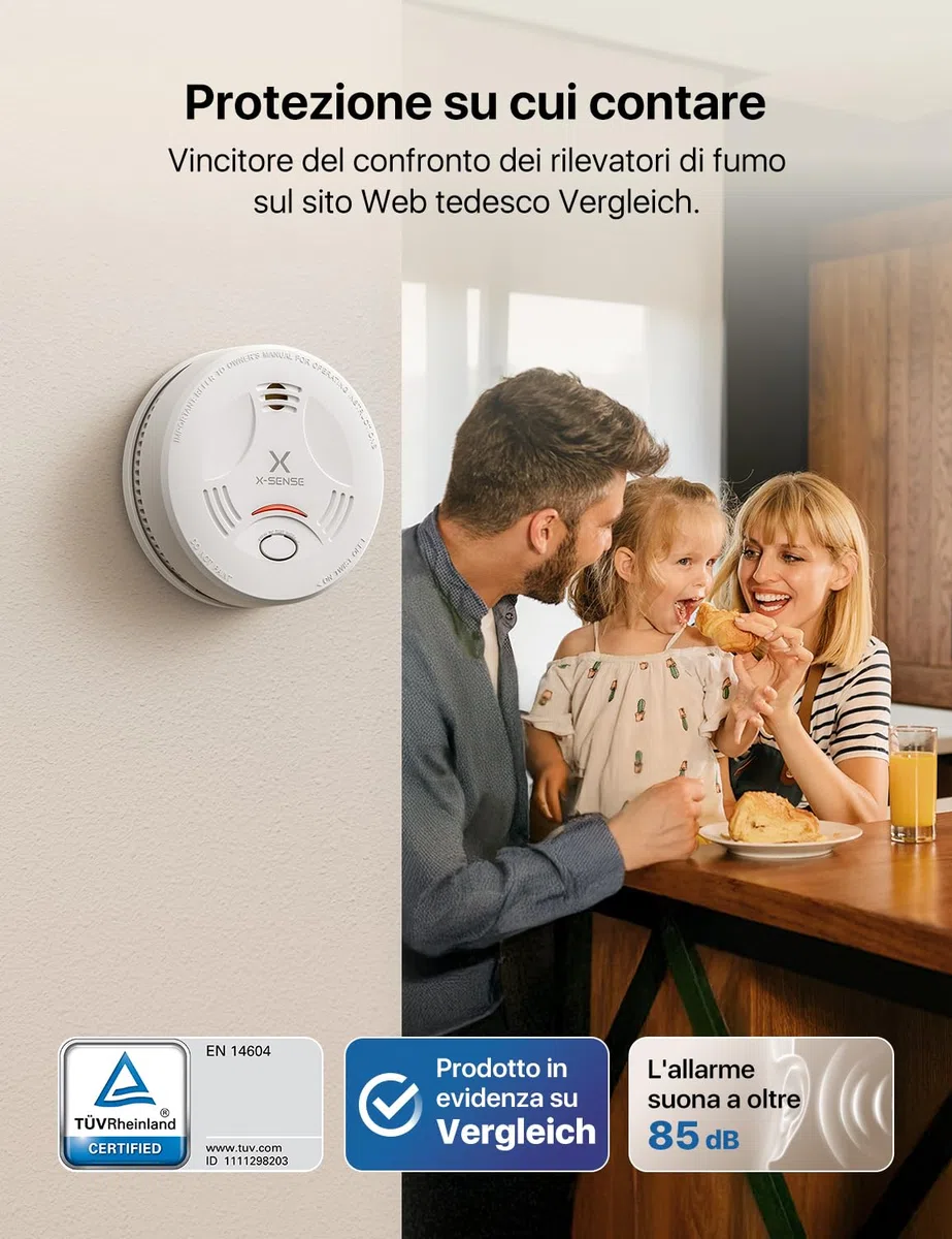 X-Sense Rilevatore di Fumo con Durata di 10 Anni e Supporto Magnetico, Rilevatore di Fumo Certificato TÜV con Funzione Muto e Autotest, SD11, Set da 1