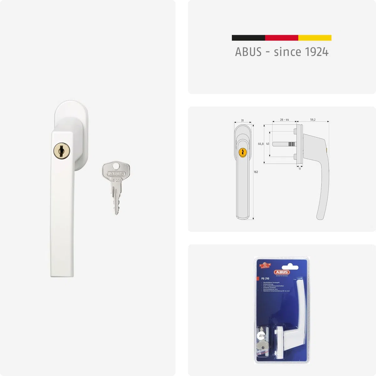 Abus Fg210 Maniglia con Blocco Antifurto, Serratura a Spinta con Cilindro per Finestre, Chiave Maestra, Livello di Sicurezza: 3, 59487, Bianco