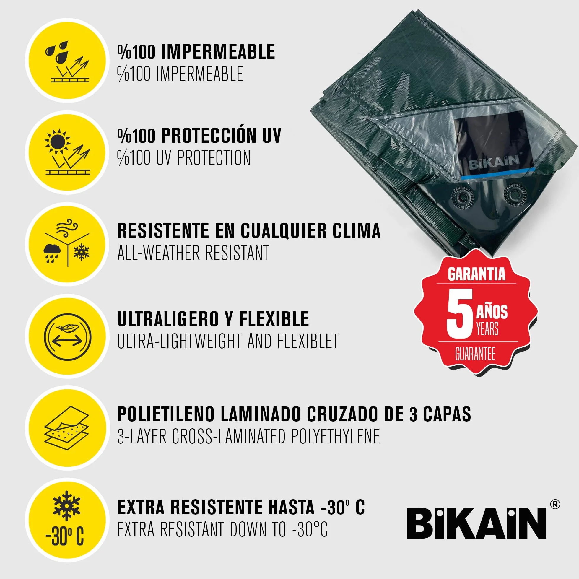 Bikain - Telo Impermeabile esterno - 3x5 metri - 90g/m2 Rinforzato - Occhielli Antistrappo - Telo 100% Impermeabile e 100% Protezione UV - Copritutto Multiuso - 3 Strati Laminato Incrociato